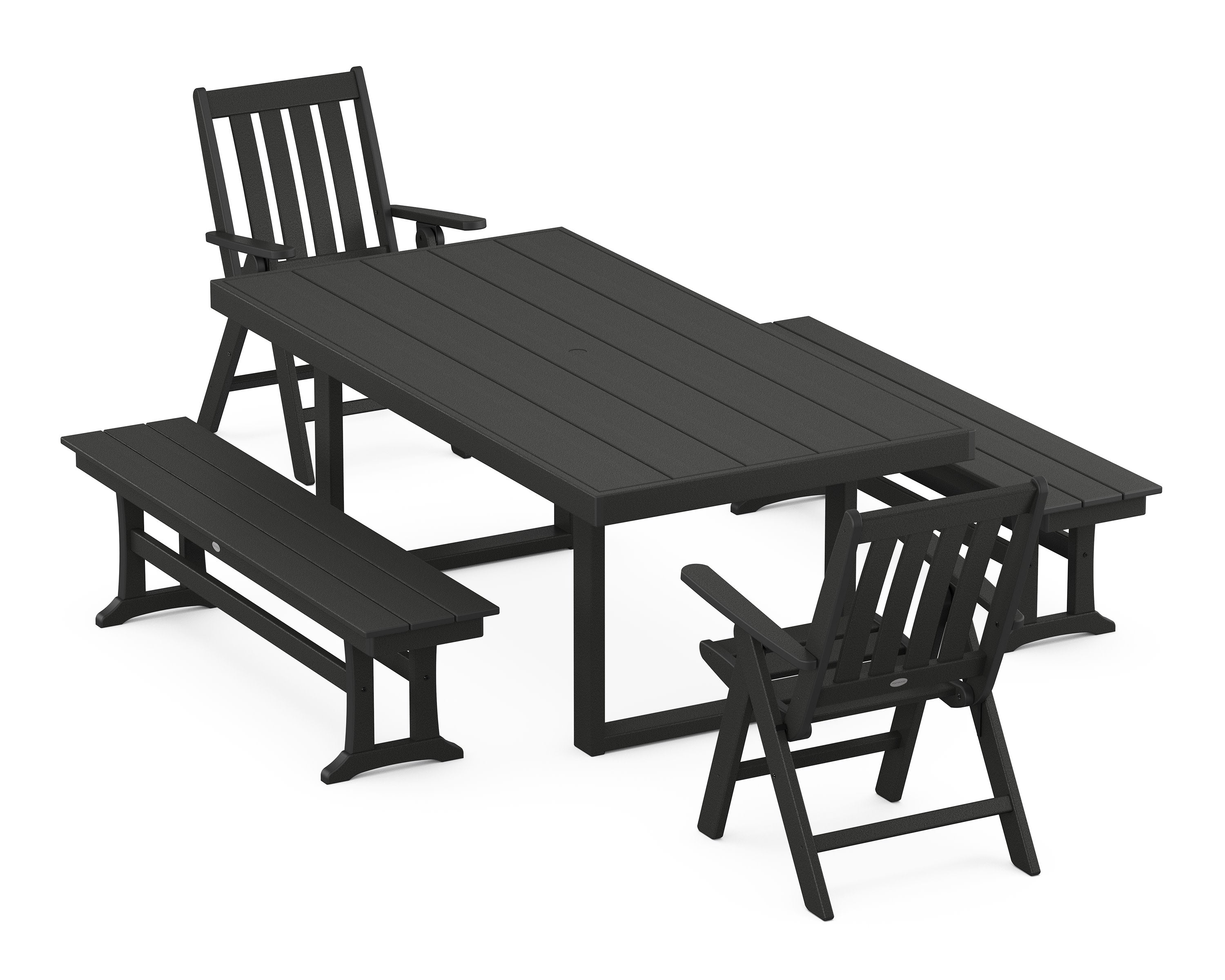 Vineyard Folding Chair 5-Piece Dining Set with Benches in Black
