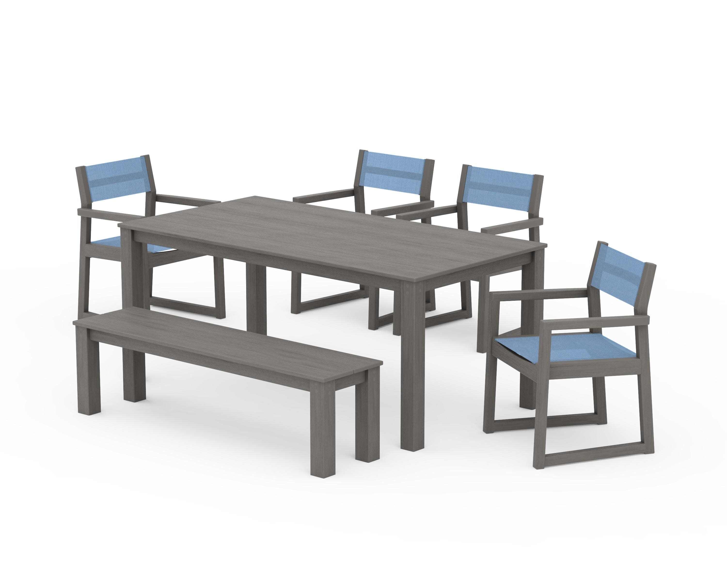EDGE Sling Arm Chair 6-Piece Parsons Dining Set with Bench in Driftwood / Poolside Sling