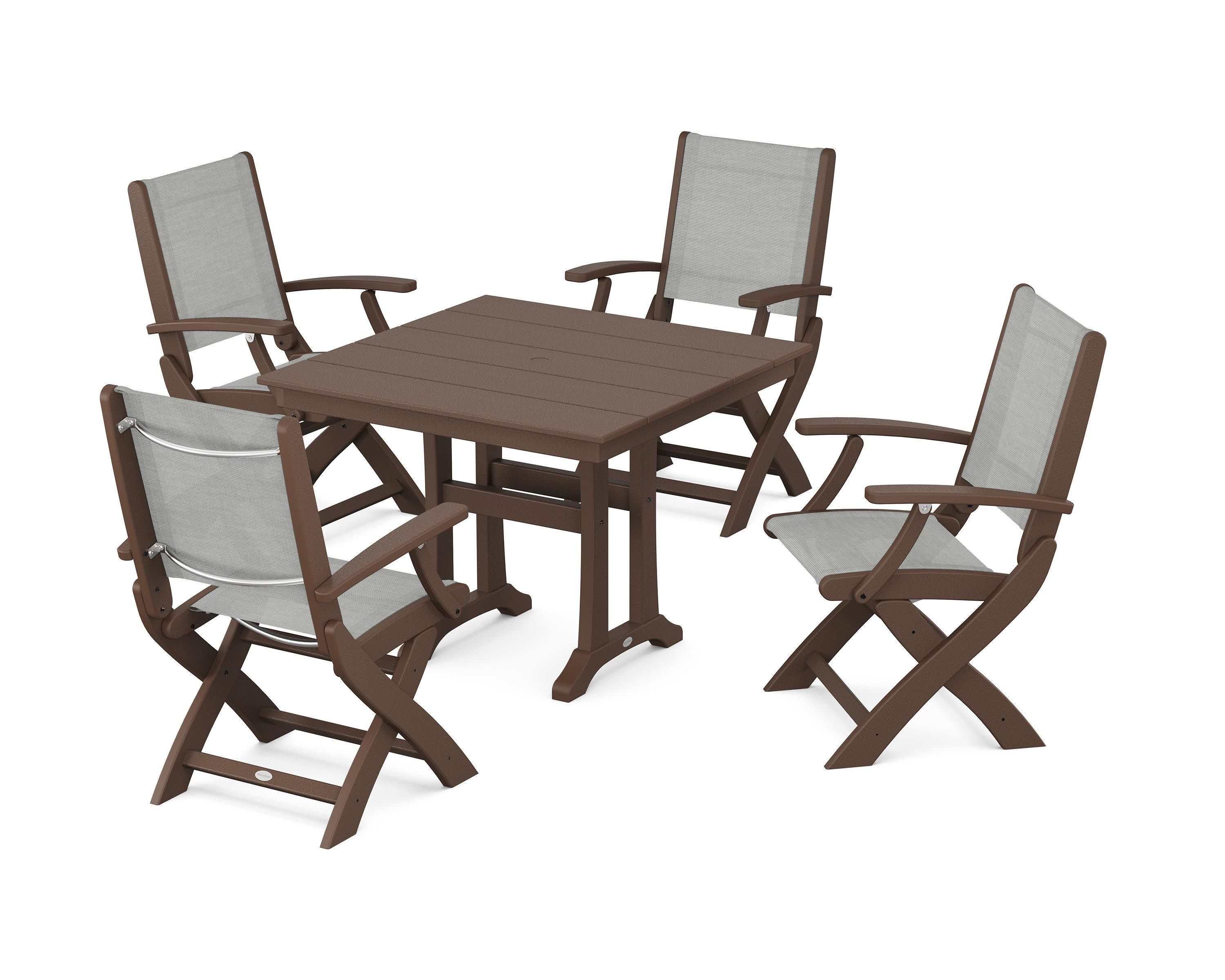 Coastal Folding Chair 5-Piece Farmhouse Dining Set With Trestle Legs in Mahogany / Metallic Sling