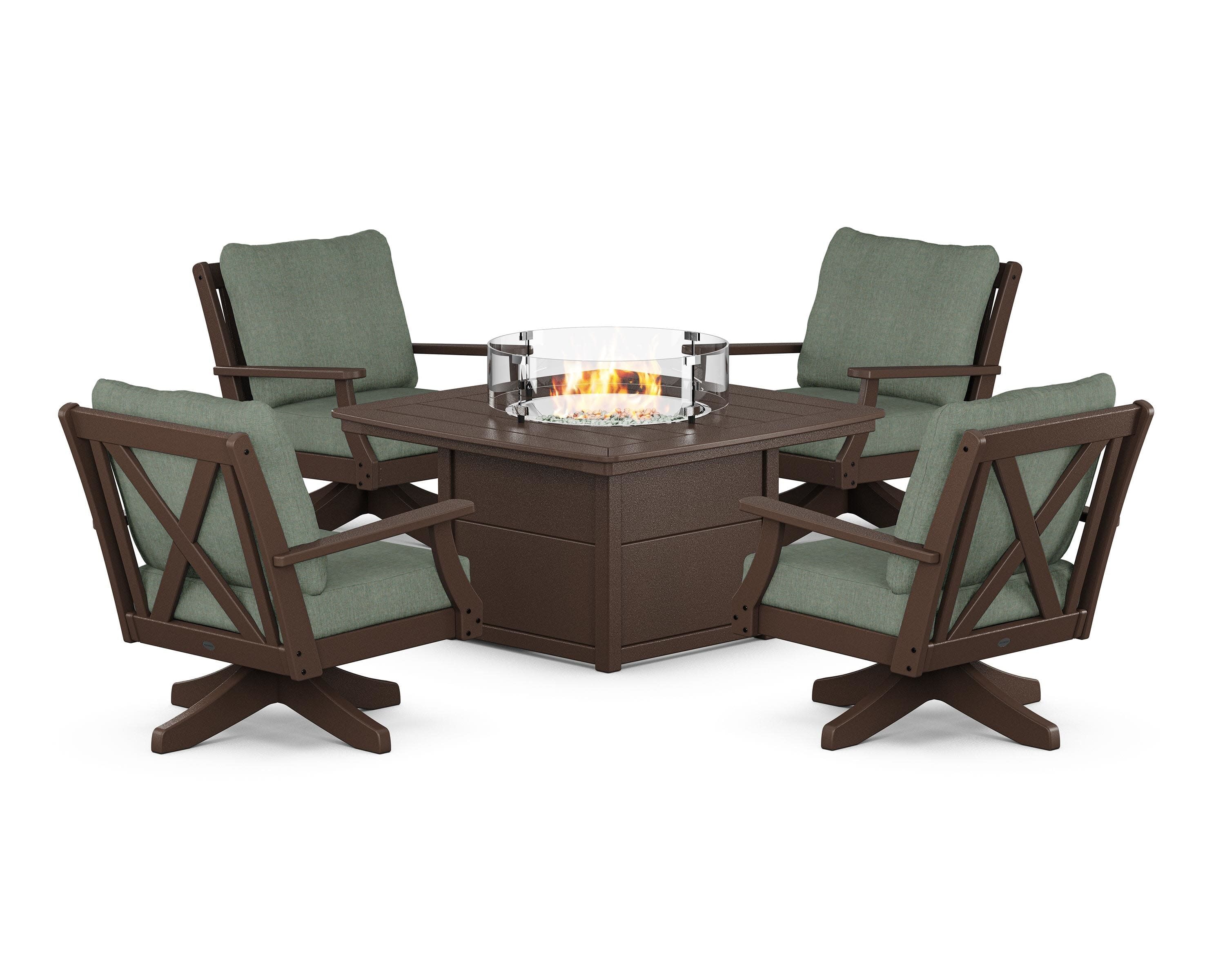 Braxton 5-Piece Deep Seating Swivel Conversation Set with Fire Pit Table in Mahogany / Cast Sage