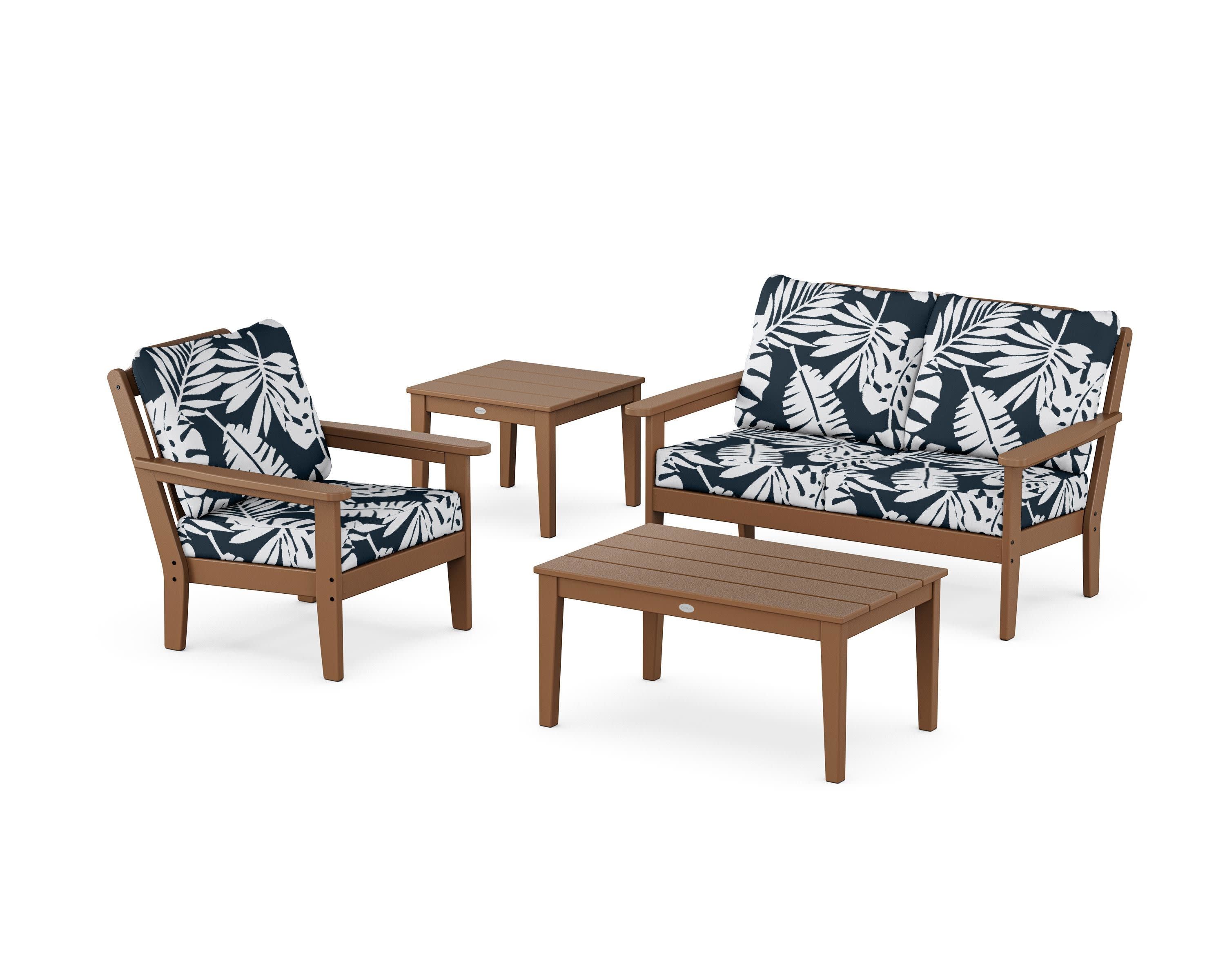 Wovendale 4-Piece Deep Seating Set in Teak / Leaf Marine Indigo