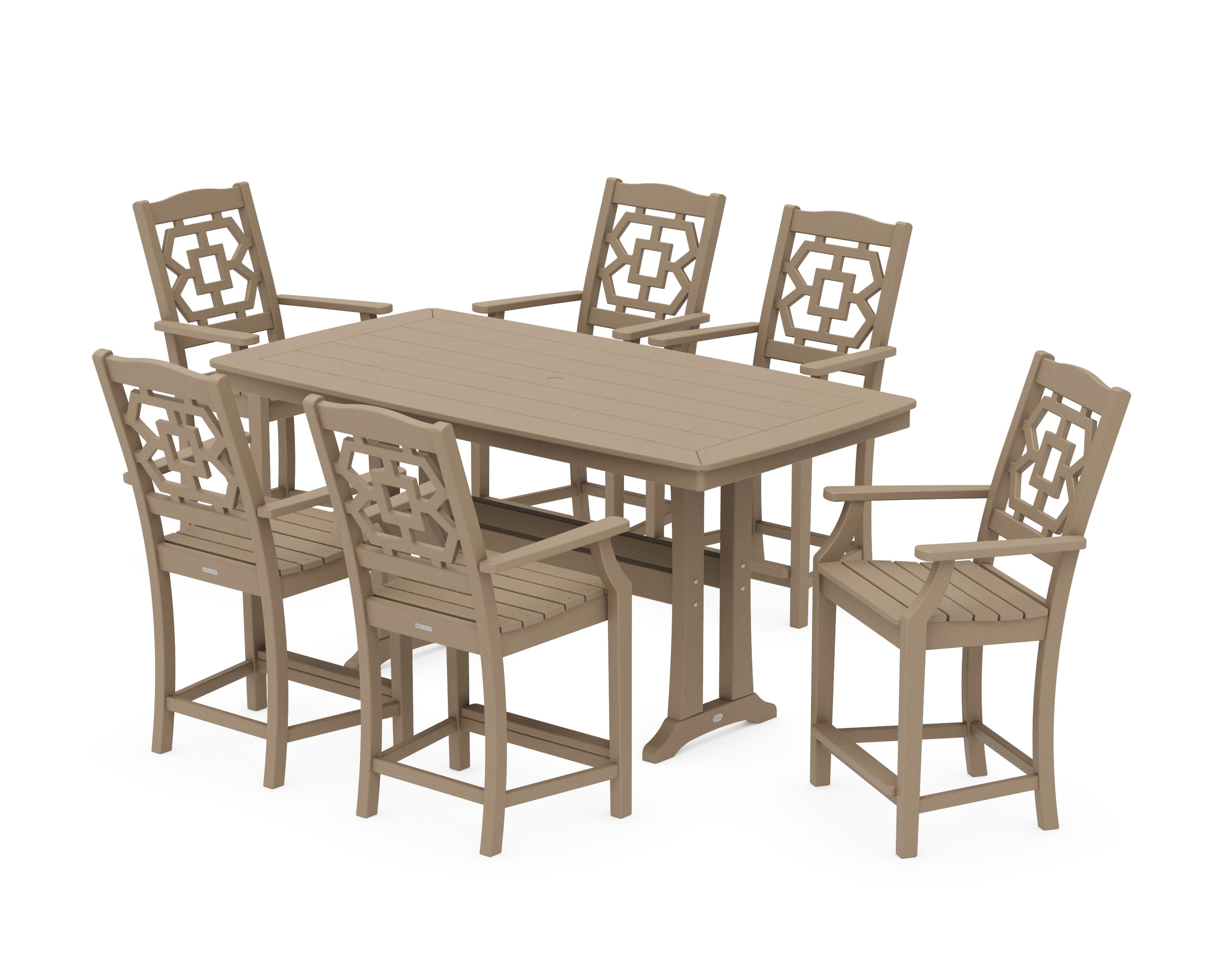 Chinoiserie Arm Chair 7-Piece Counter Set with Trestle Legs in Vintage Sahara
