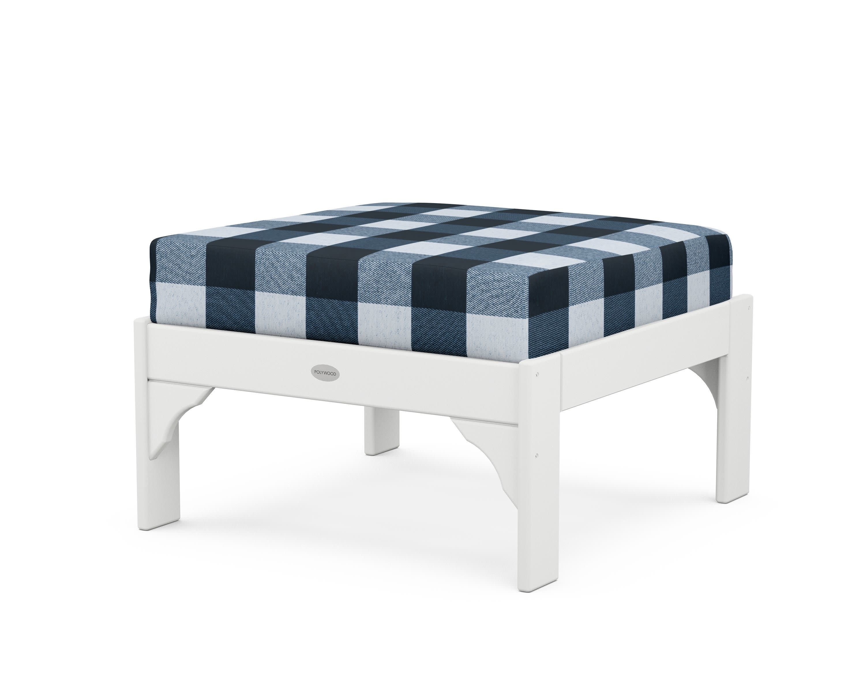 Vineyard Deep Seating Ottoman in White / Buffalo Plaid Marine Indigo