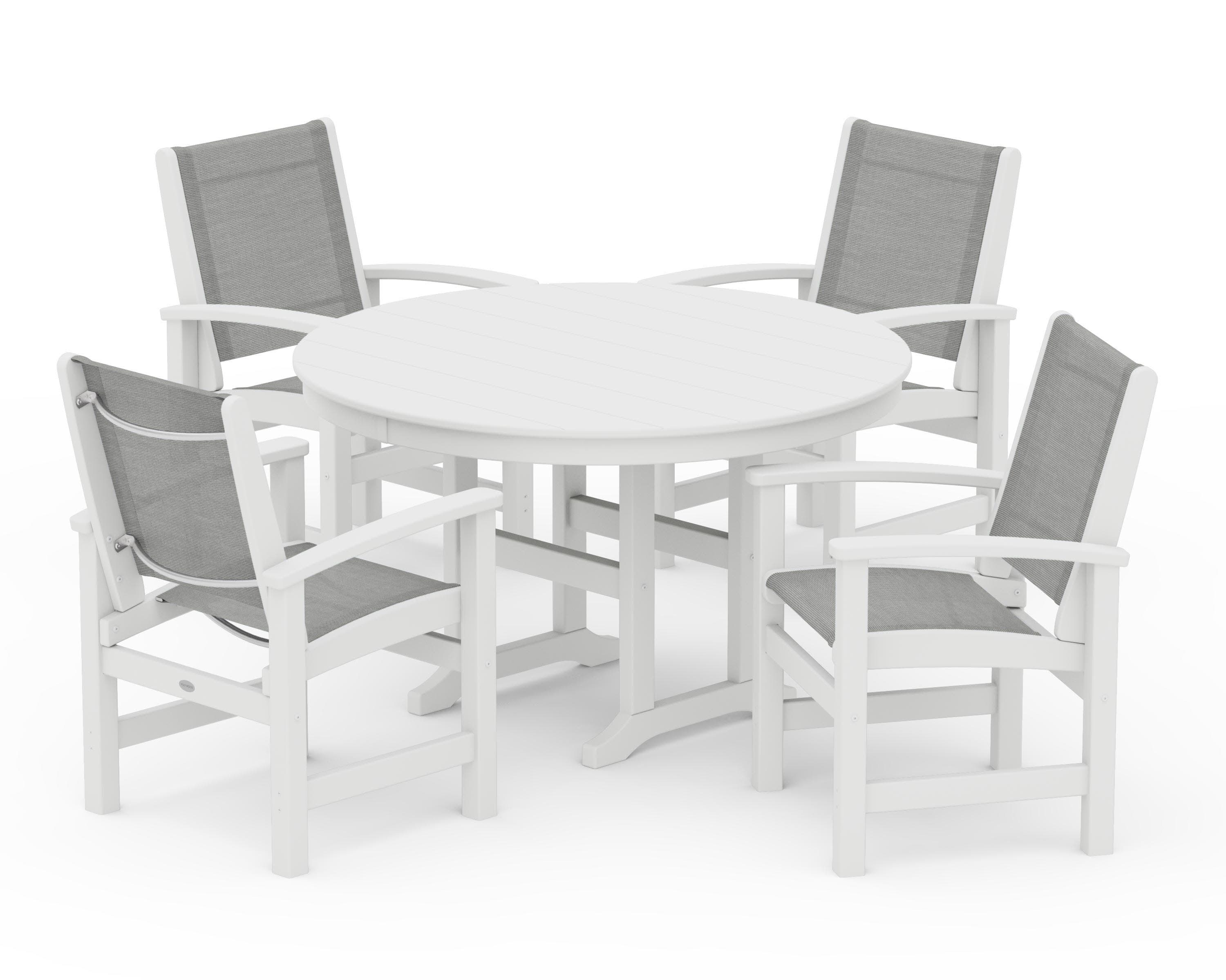 Coastal 5-Piece Round Farmhouse Dining Set in White / Metallic Sling