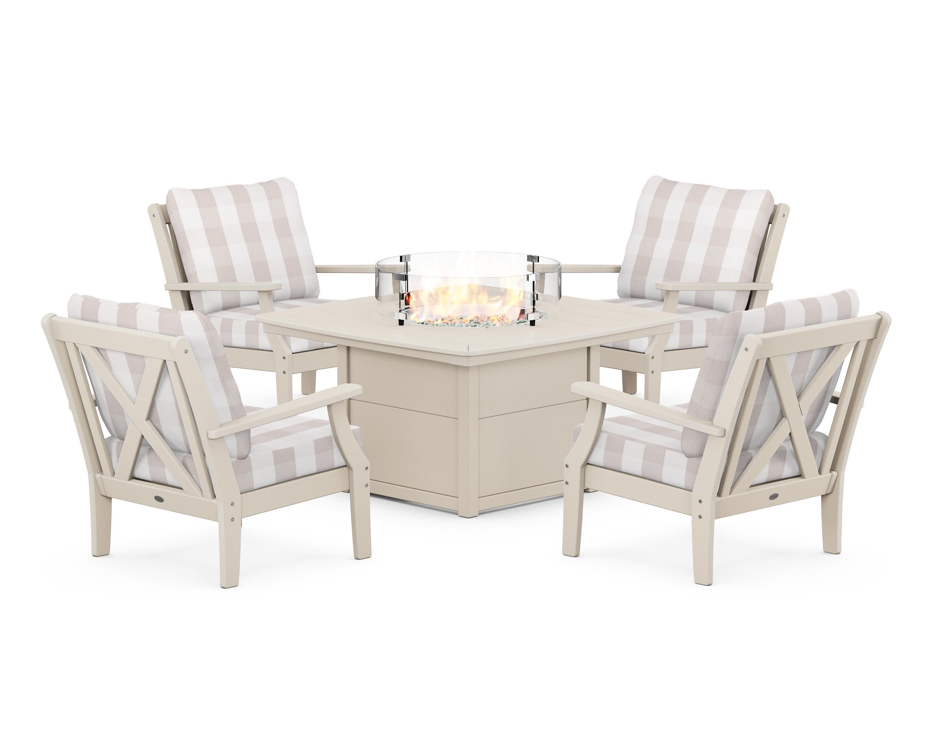Braxton 5-Piece Deep Seating Conversation Set with Fire Pit Table in Sand / Buffalo Plaid Dune Burlap