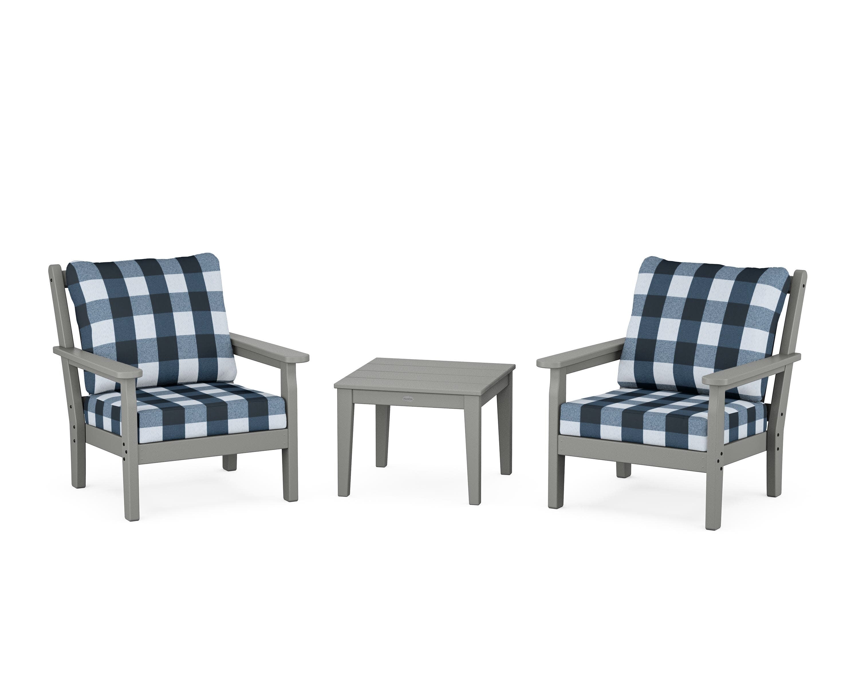 Chippendale 3-Piece Deep Seating Set in Slate Grey / Buffalo Plaid Marine Indigo