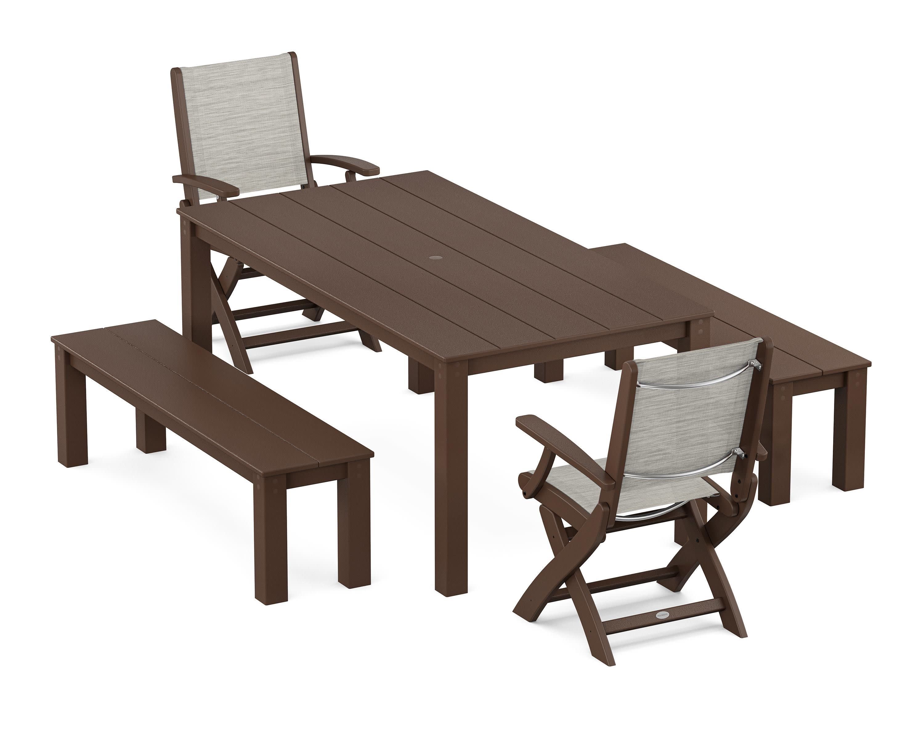 Coastal Folding Chair 5-Piece Parsons Dining Set with Benches in Mahogany / Birch Sling