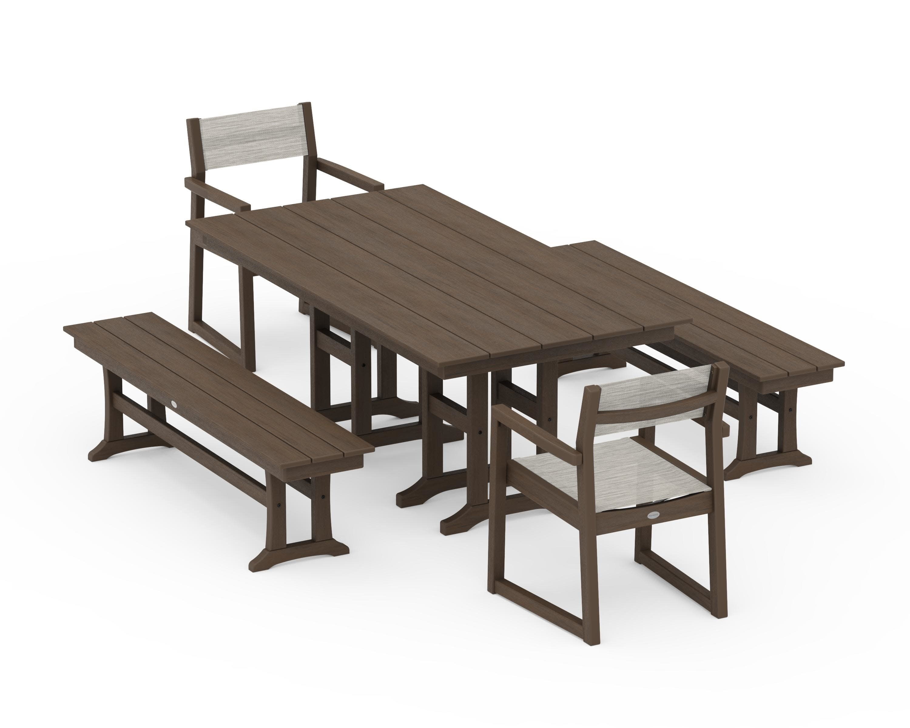 EDGE Sling Arm Chair 5-Piece Farmhouse Dining Set with Benches in Kona / Birch Sling