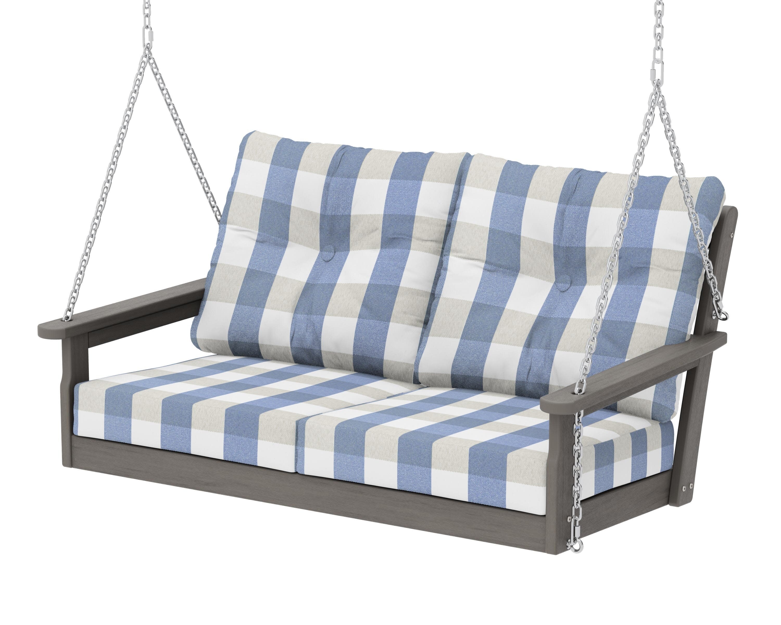 Vineyard Deep Seating Swing in Driftwood / Buffalo Plaid Sky Blue