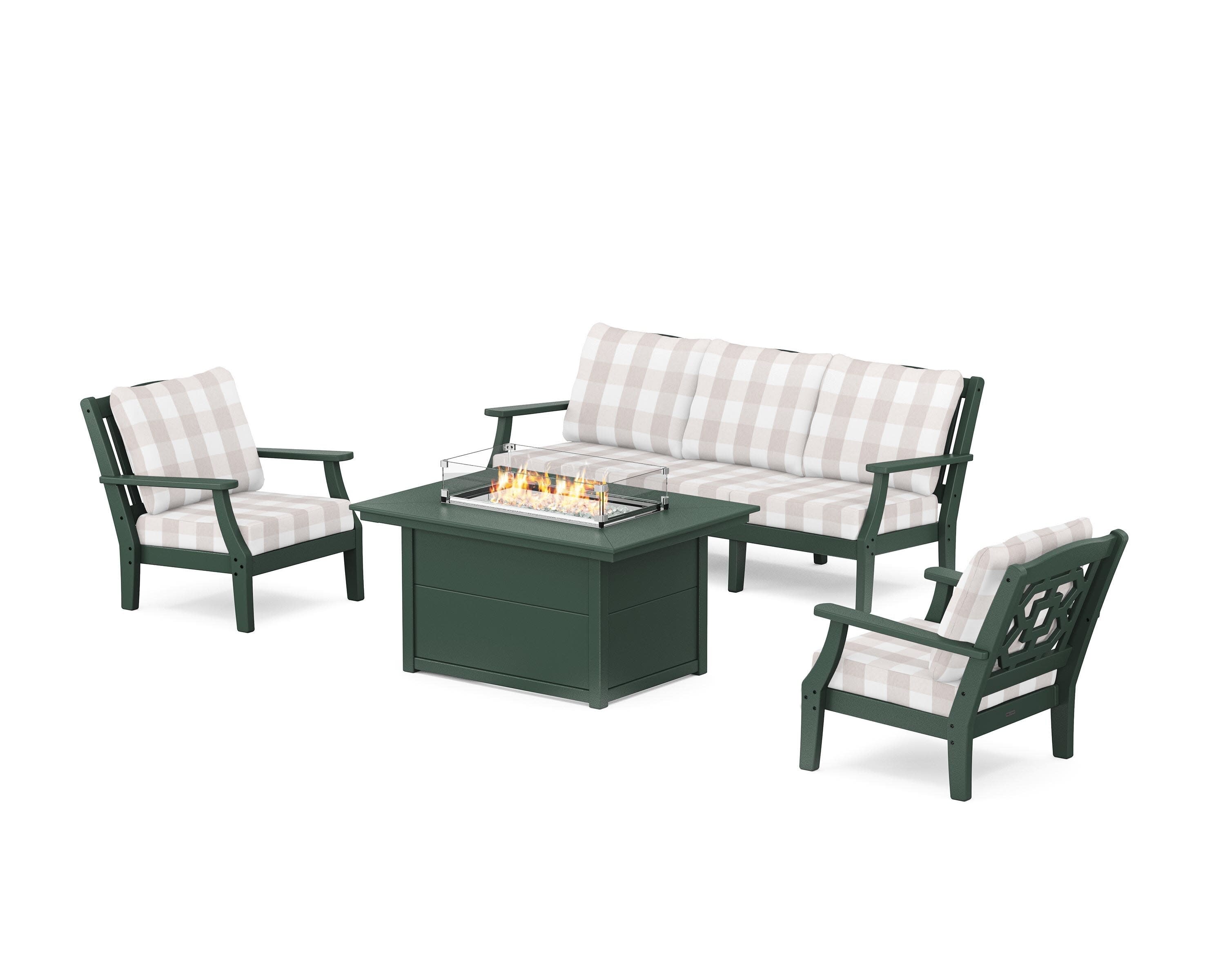 Chinoiserie Deep Seating Fire Pit Table Set in Green / Buffalo Plaid Dune Burlap