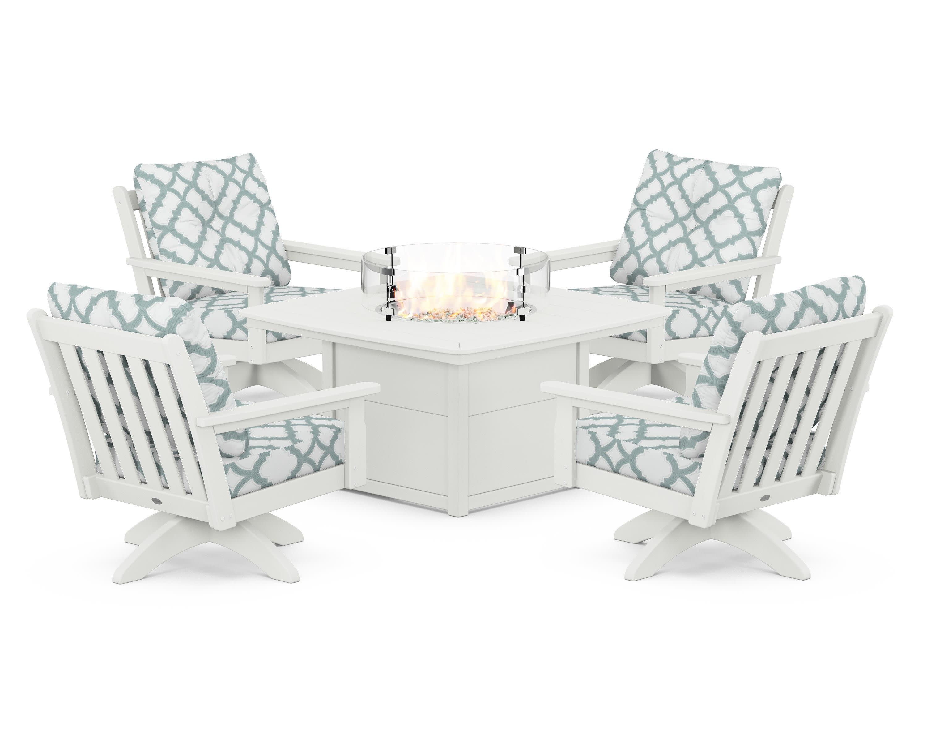 Vineyard 5-Piece Deep Seating Swivel Conversation Set with Fire Pit Table in Vintage White / Trellis Glacier Spa