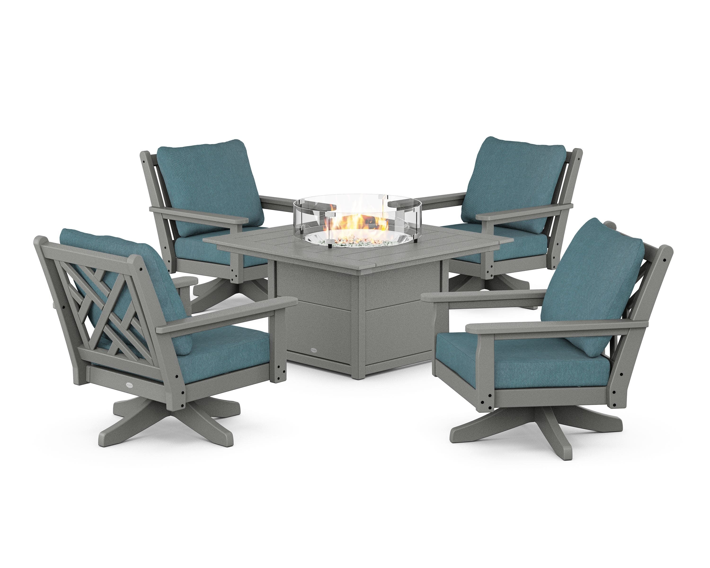 Chippendale 5-Piece Deep Seating Swivel Conversation Set with Fire Pit Table in Slate Grey / Ocean Teal