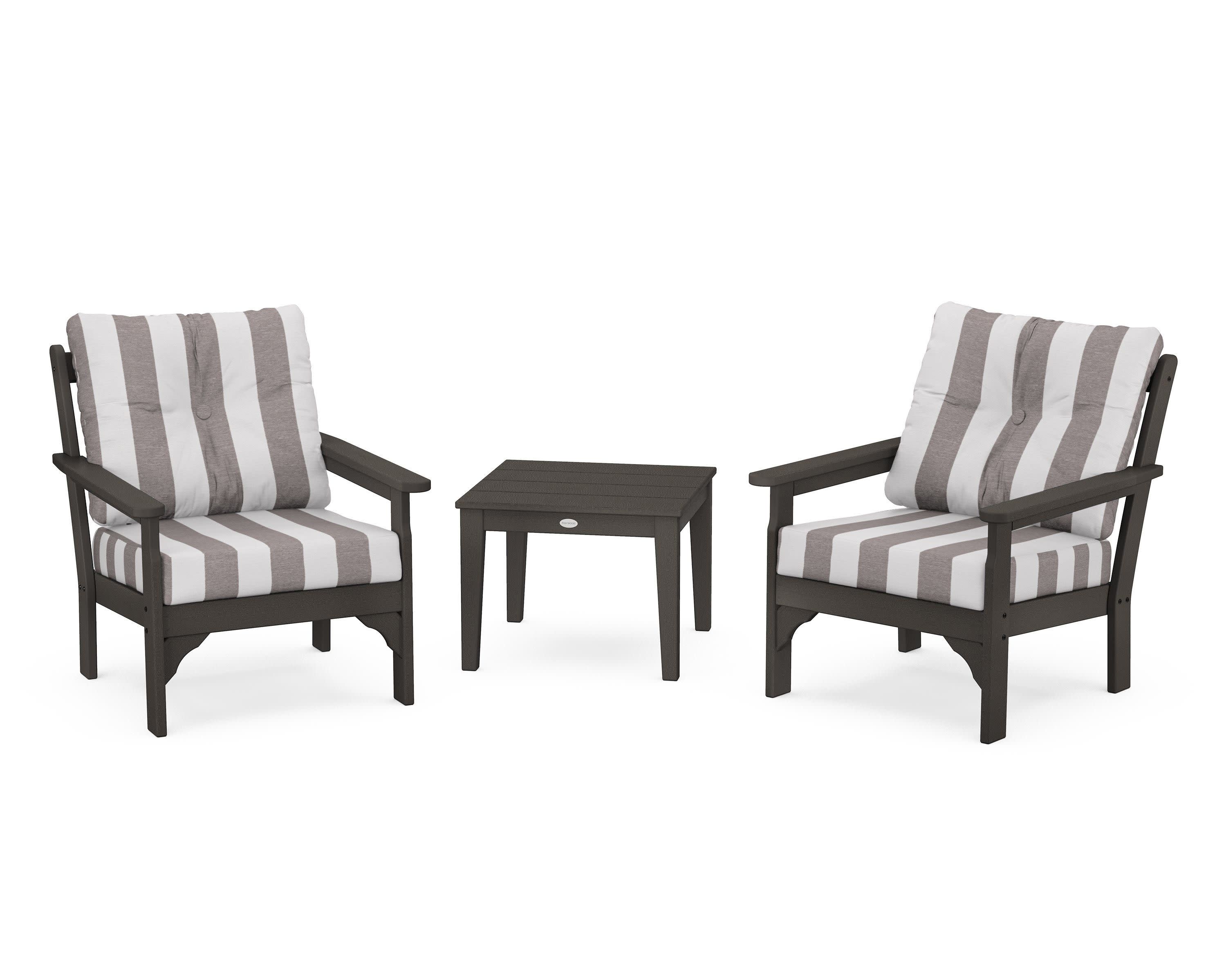Vineyard 3-Piece Deep Seating Set in Vintage Coffee / Cabana Stripe Grey Mist