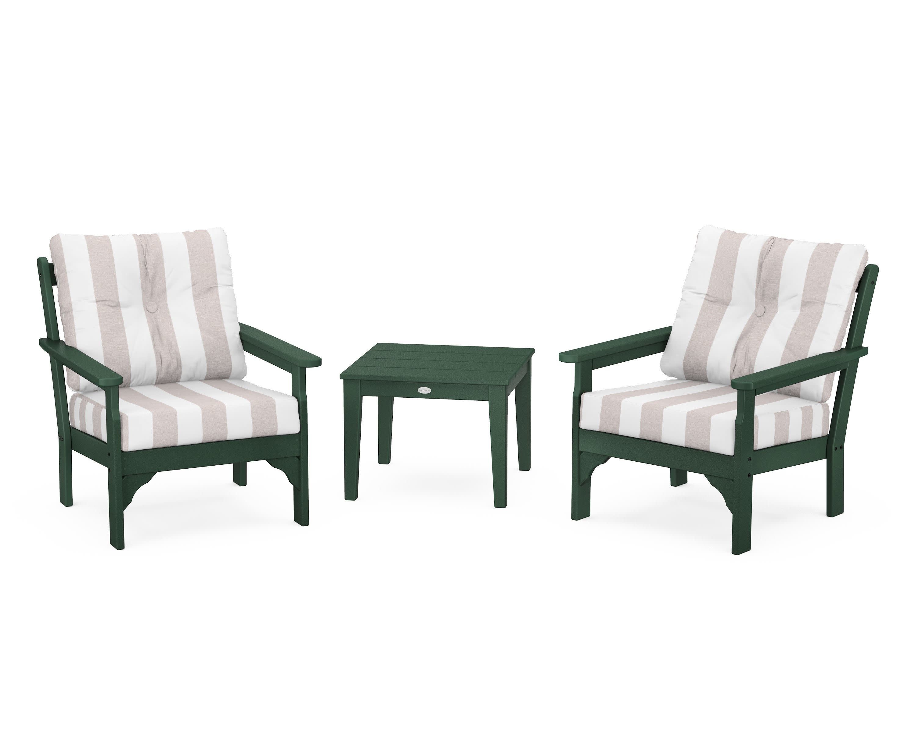 Vineyard 3-Piece Deep Seating Set in Green / Cabana Stripe Dune Burlap