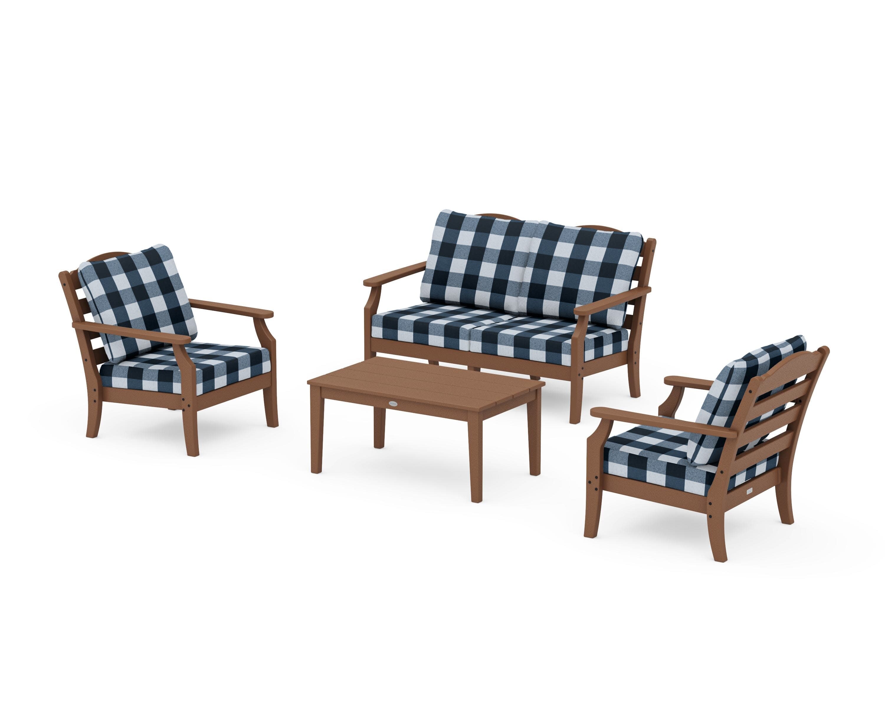 Savannah 4-Piece Deep Seating Set with Loveseat in Teak / Buffalo Plaid Marine Indigo