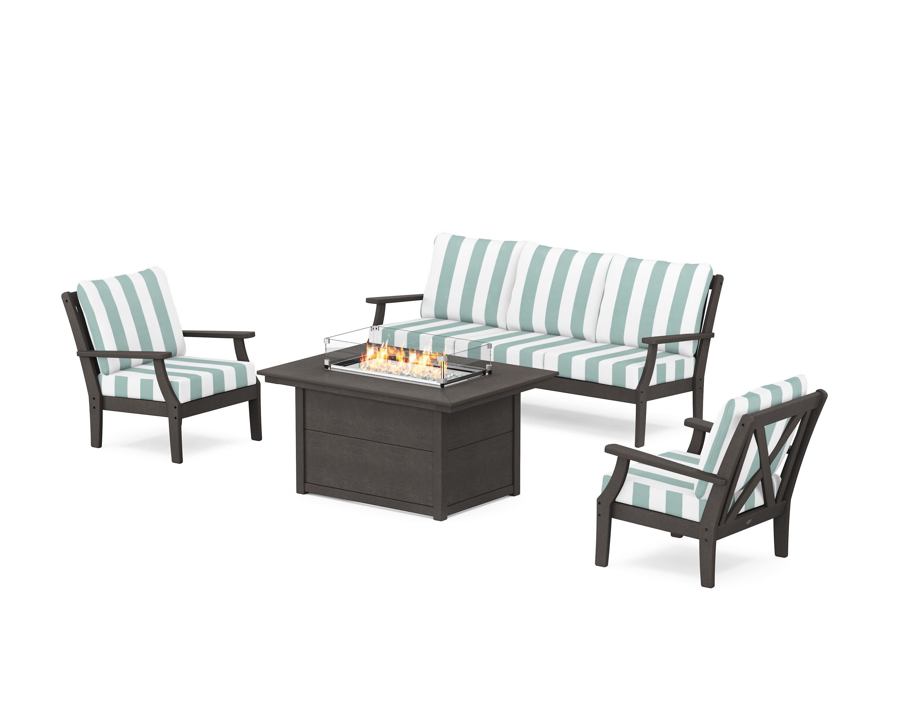 Braxton Deep Seating Fire Pit Table Set in Vintage Coffee / Cabana Stripe Glacier Spa