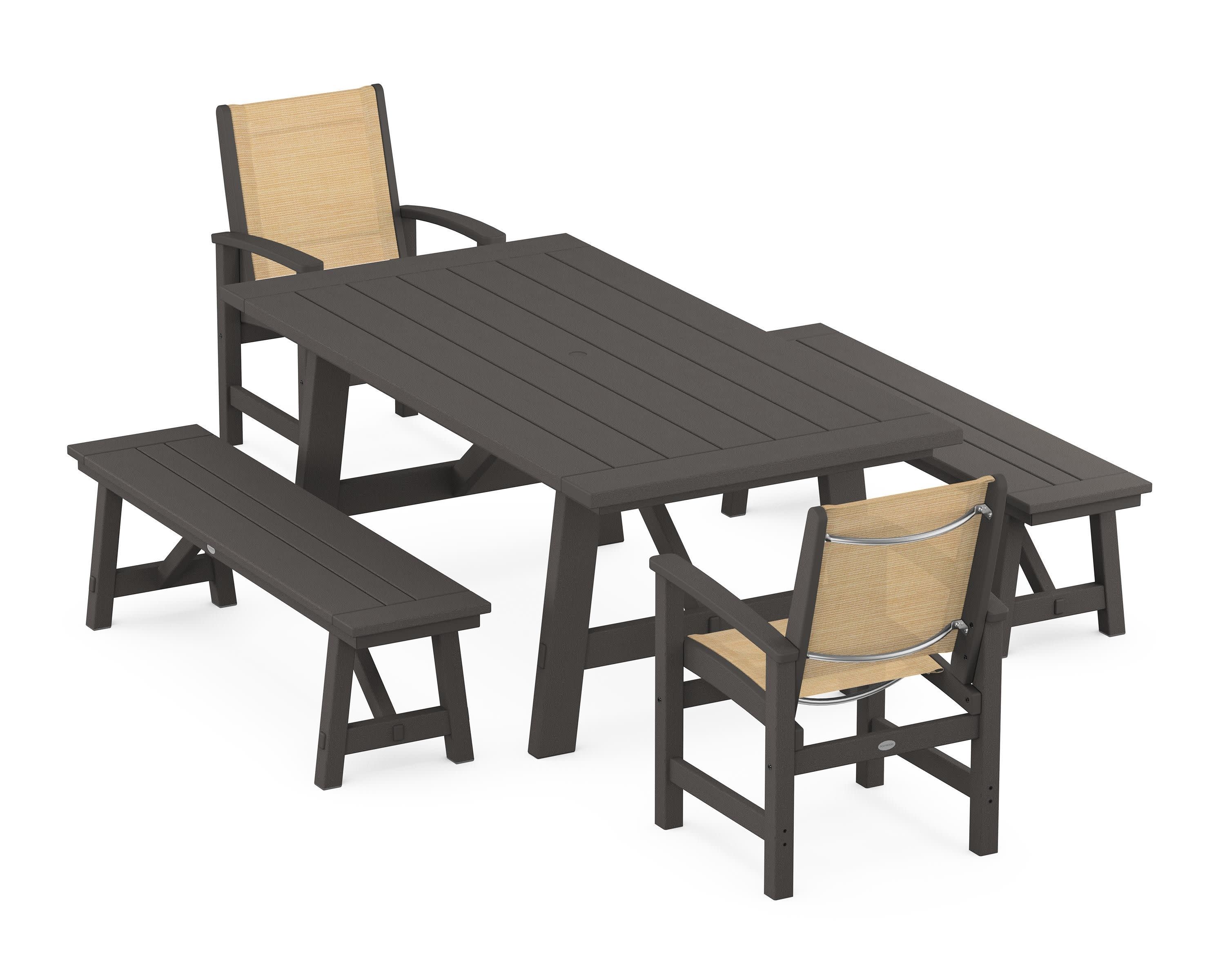 Coastal 5-Piece Rustic Farmhouse Dining Set With Benches in Vintage Coffee / Dupioni Apricot Sling
