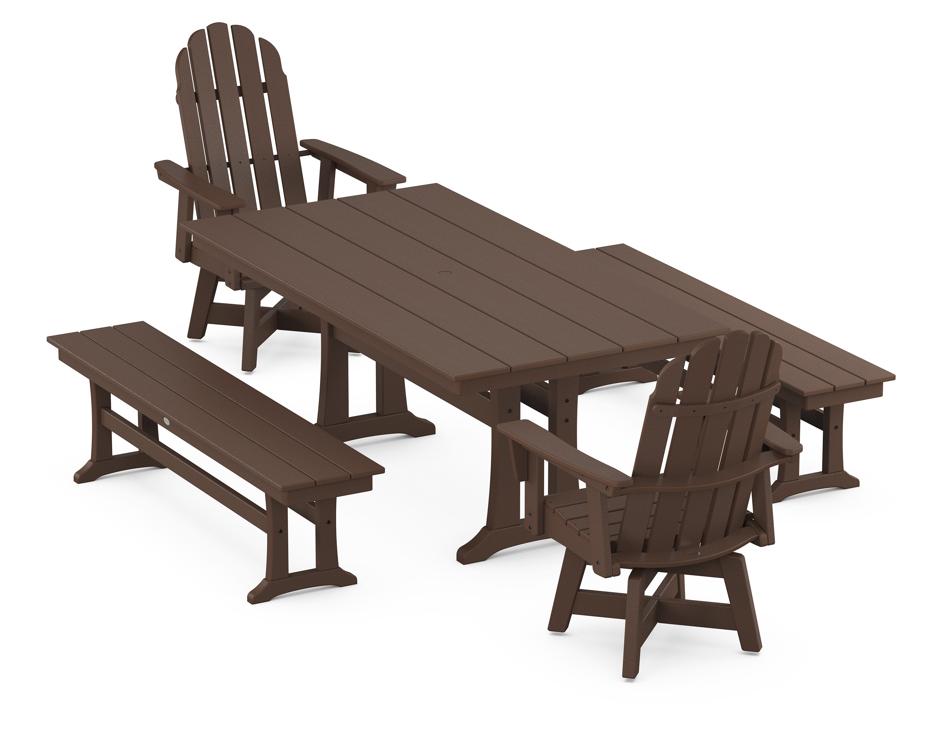 Vineyard Curveback Adirondack Swivel Chair 5-Piece Farmhouse Dining Set With Trestle Legs and Benches in Mahogany