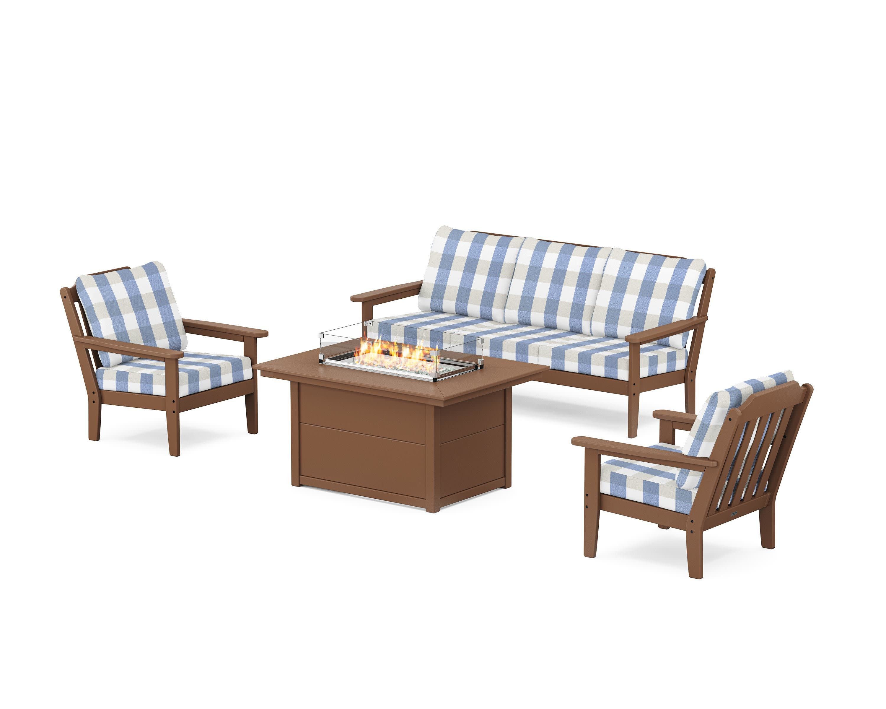 Cottage Deep Seating Fire Pit Table Set in Teak / Buffalo Plaid Sky Blue