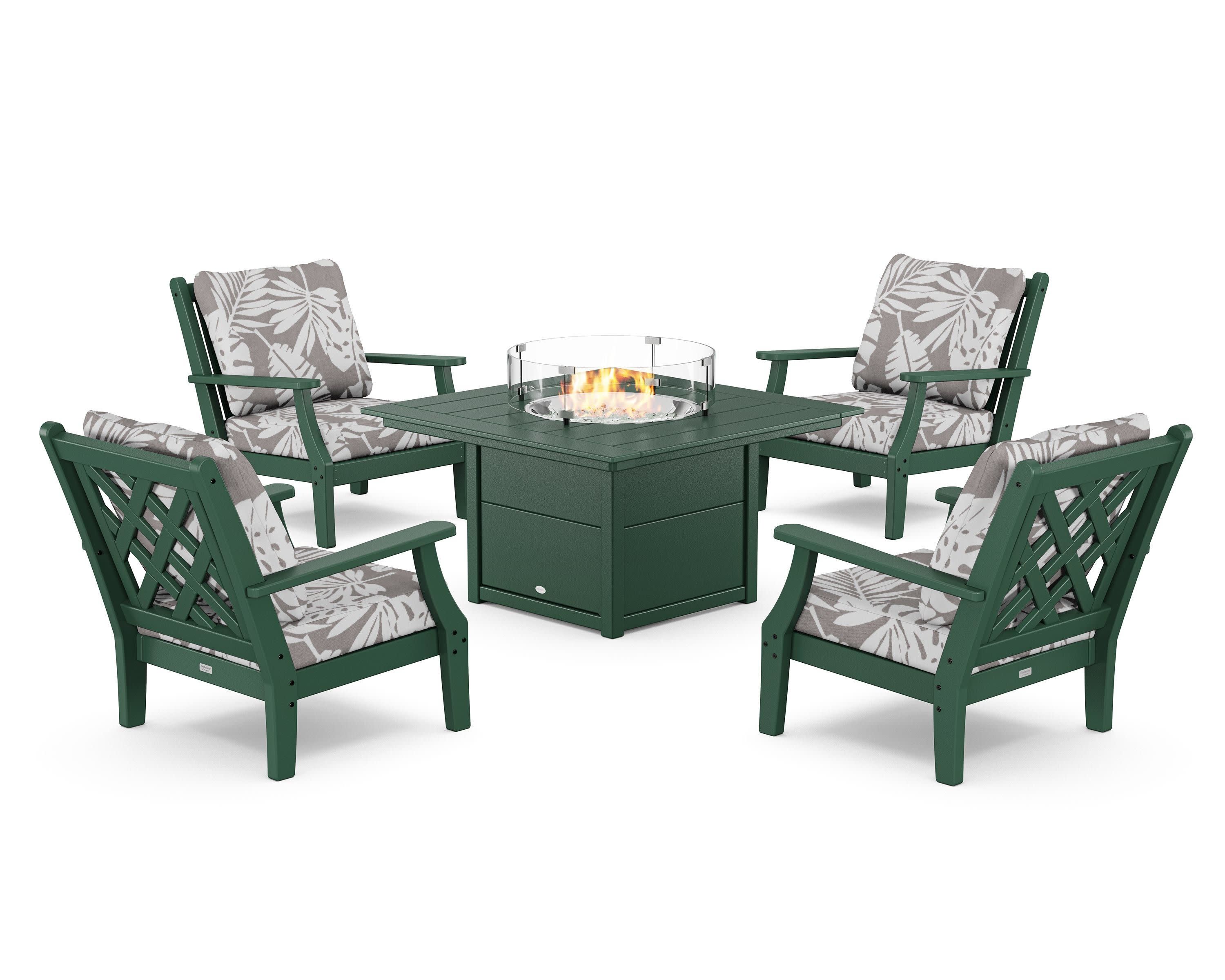 Wovendale 5-Piece Deep Seating Set with Fire Pit Table in Green / Leaf Grey Mist
