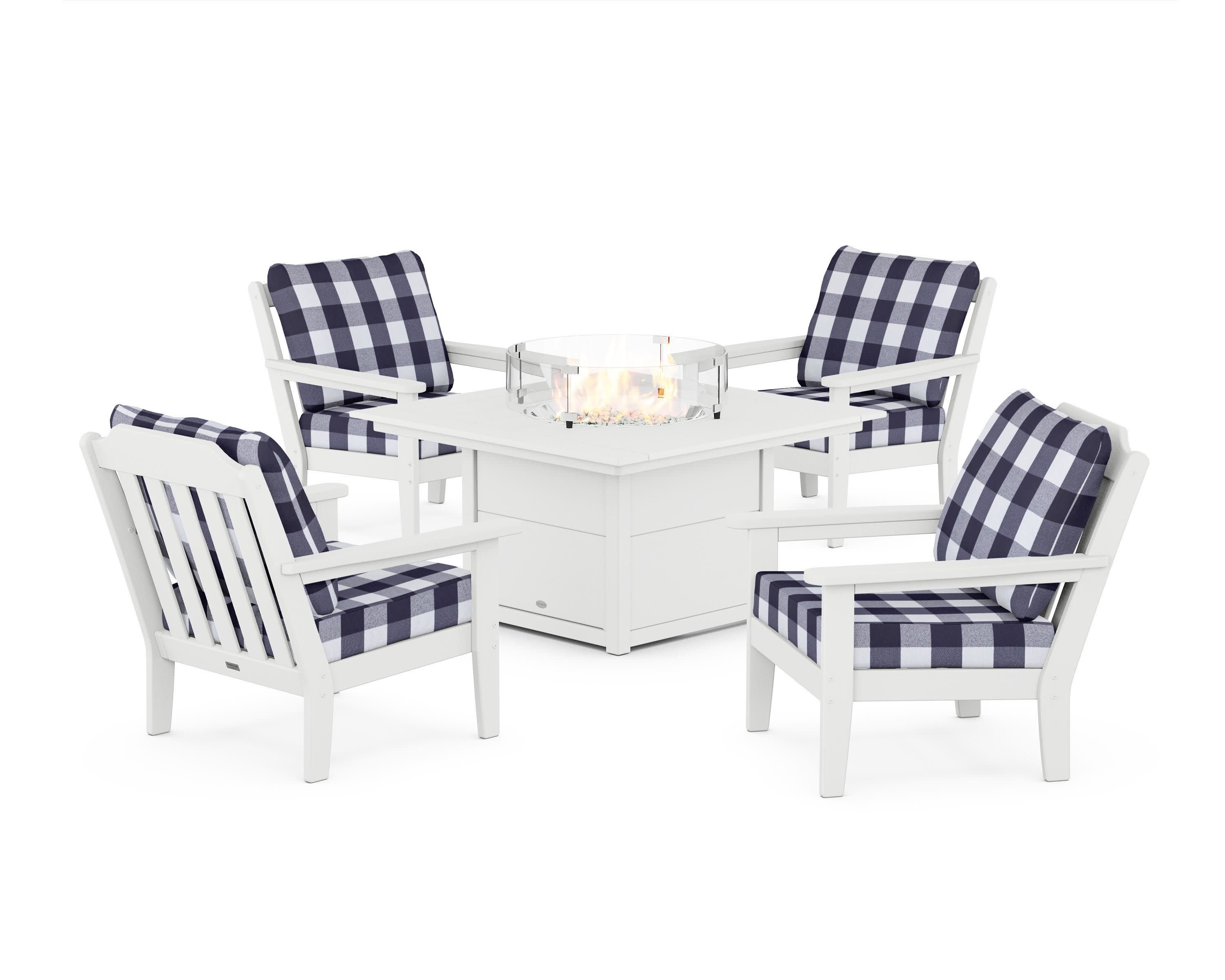 Cottage 5-Piece Deep Seating Set with Fire Pit Table in White / Buffalo Plaid Navy