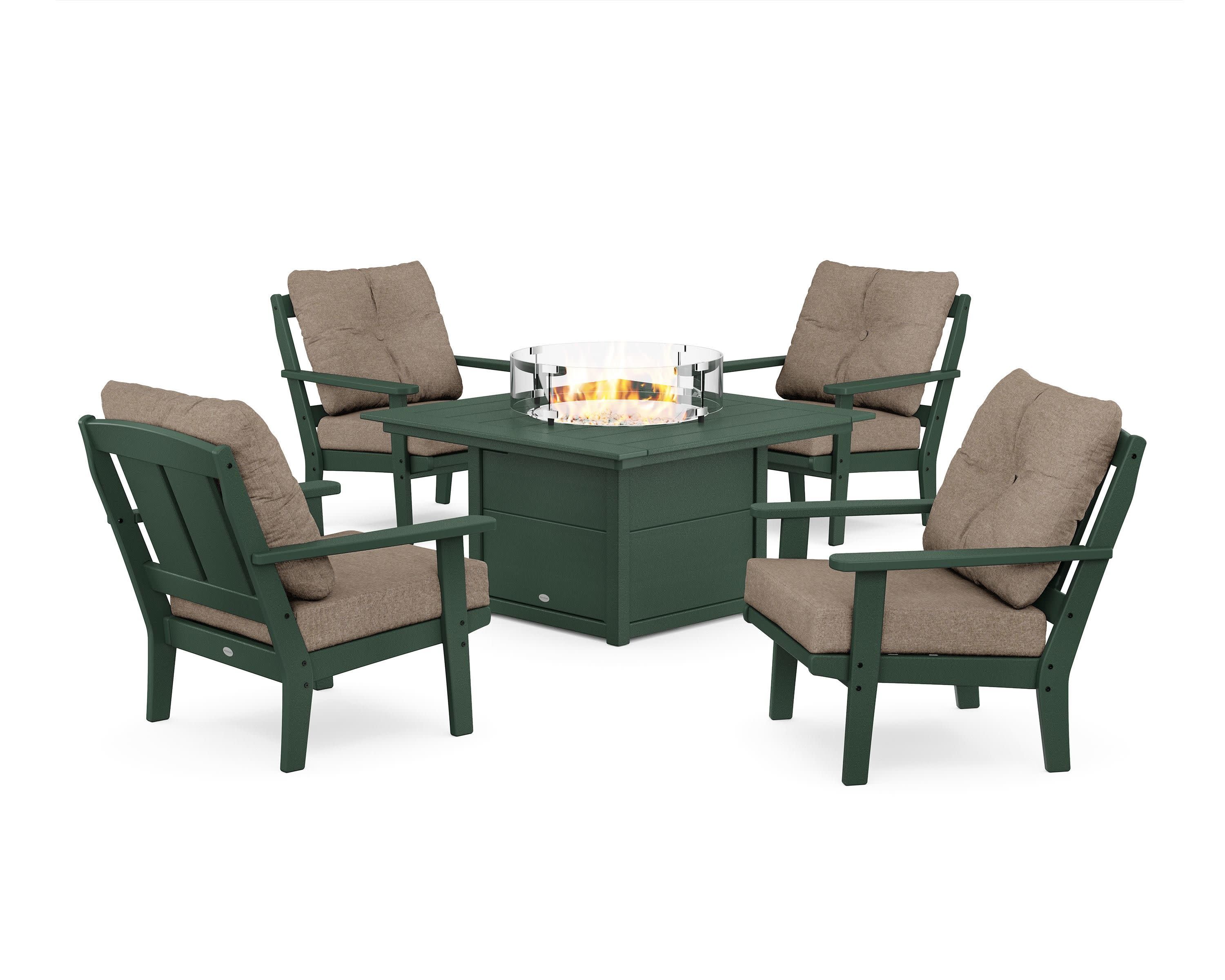 Mission 5-Piece Deep Seating Set with Fire Pit Table in Green / Spiced Burlap