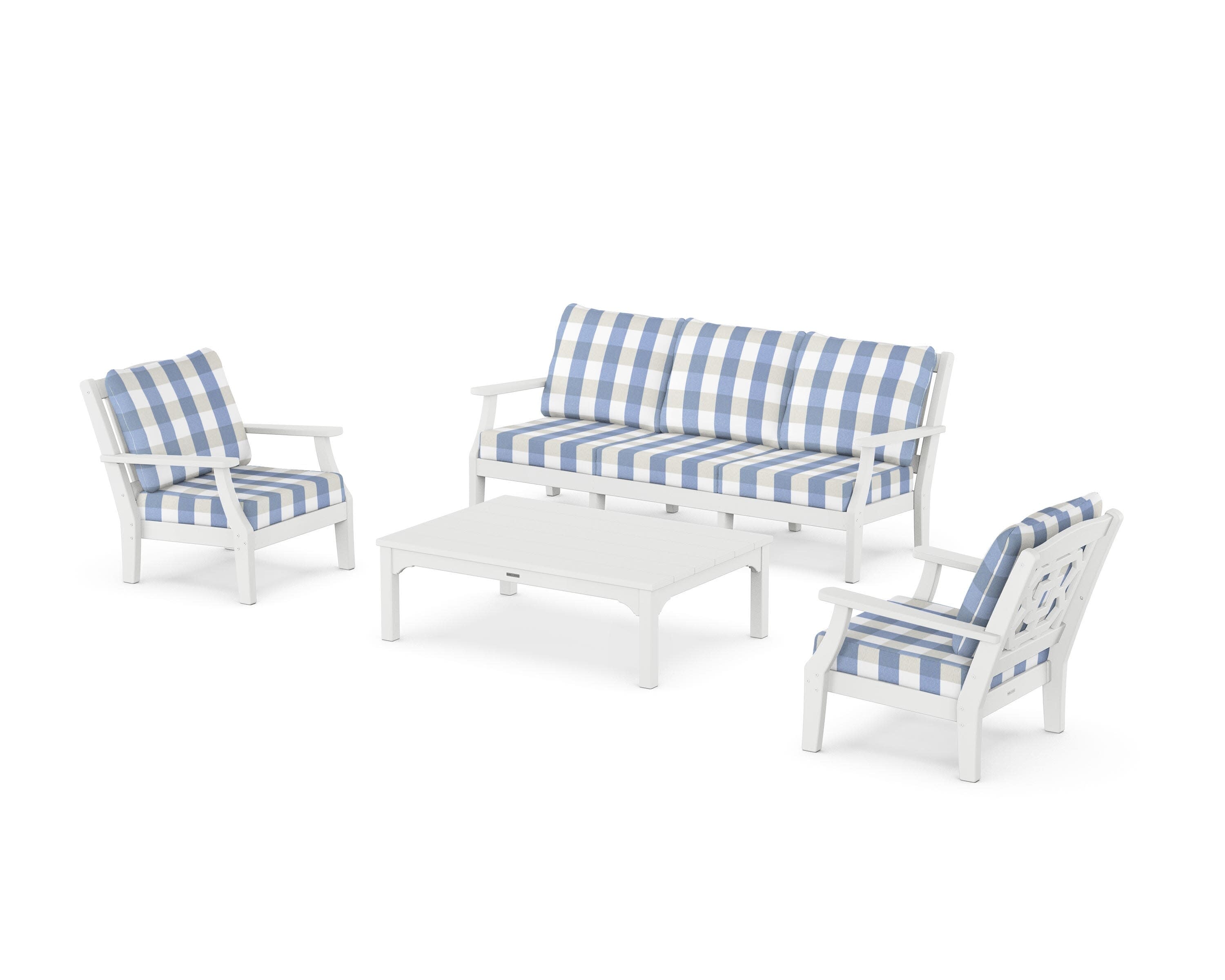Chinoiserie 4-Piece Deep Seating Set with Sofa in White / Buffalo Plaid Sky Blue