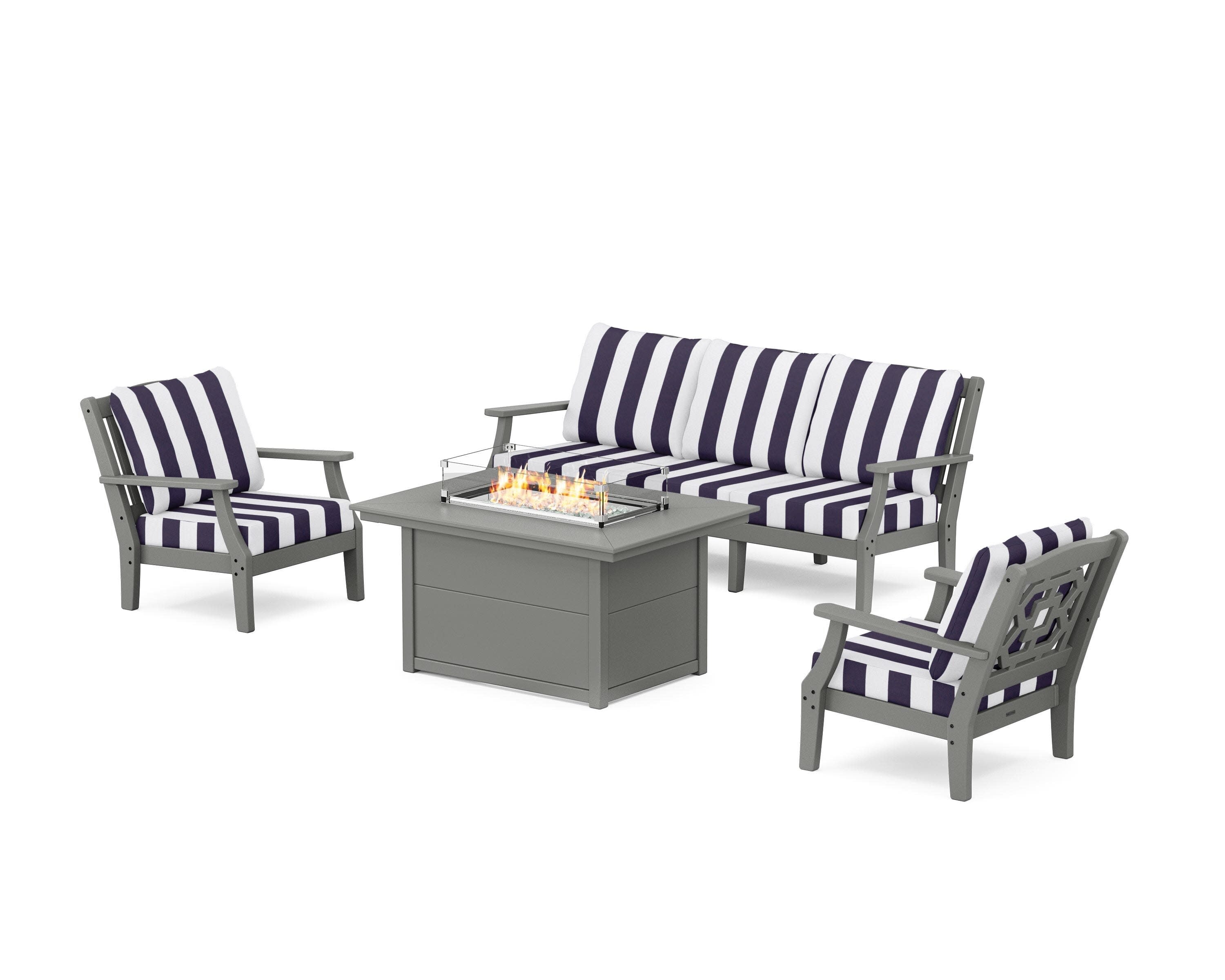Chinoiserie Deep Seating Fire Pit Table Set in Slate Grey / Cabana Stripe Navy
