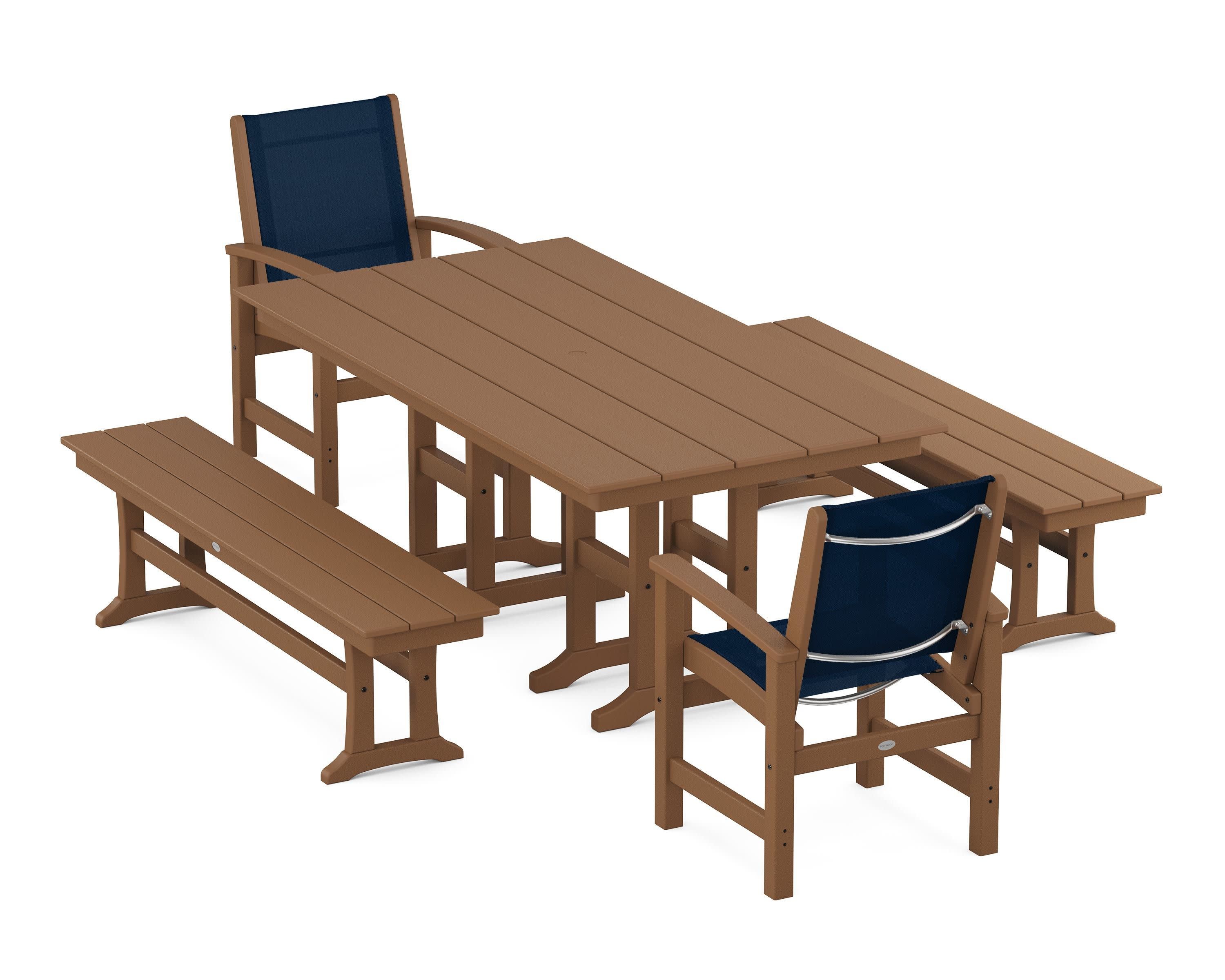 Coastal 5-Piece Farmhouse Dining Set in Teak / Navy Blue Sling