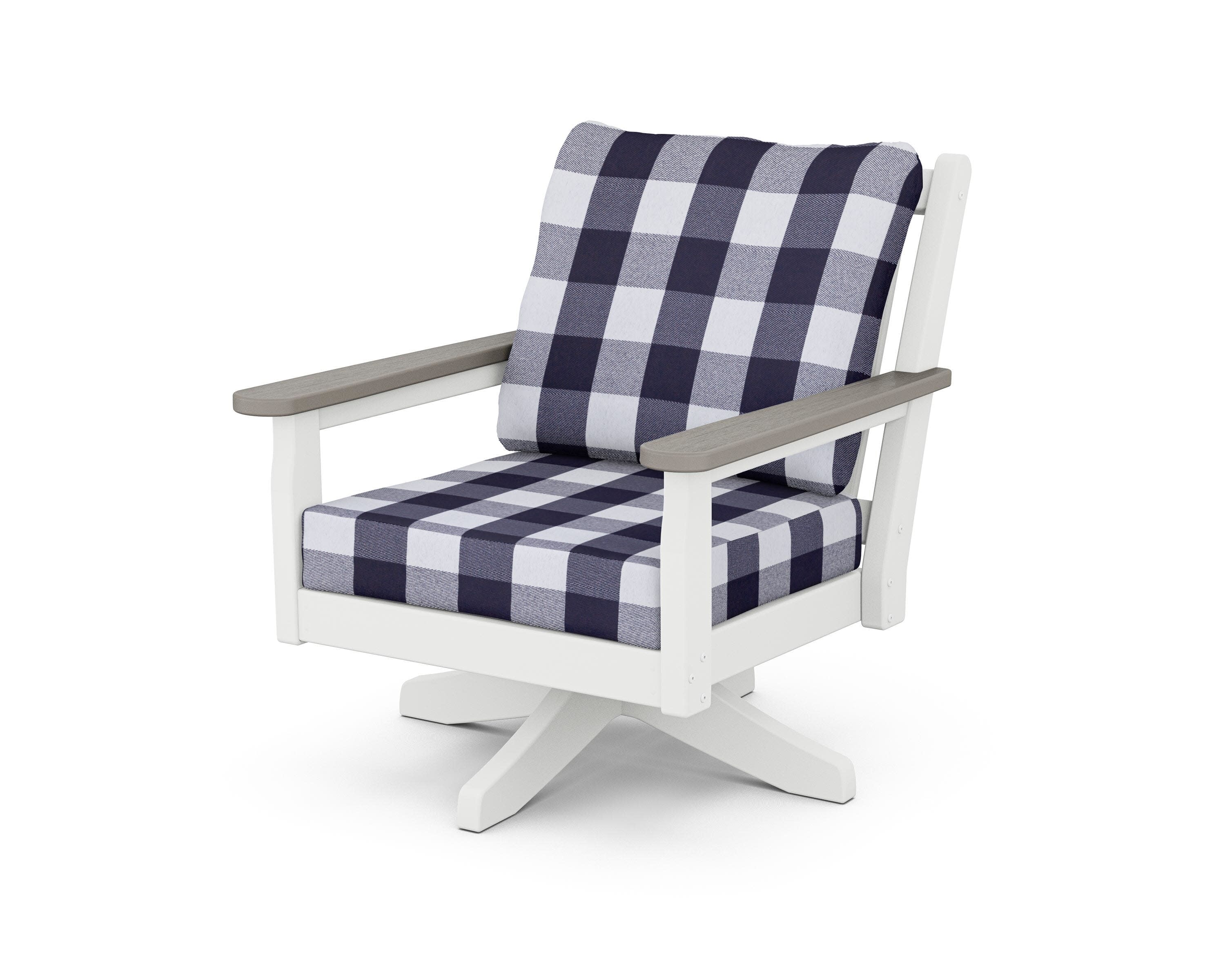 Chippendale Deep Seating Swivel Chair in White / Driftwood / Buffalo Plaid Navy