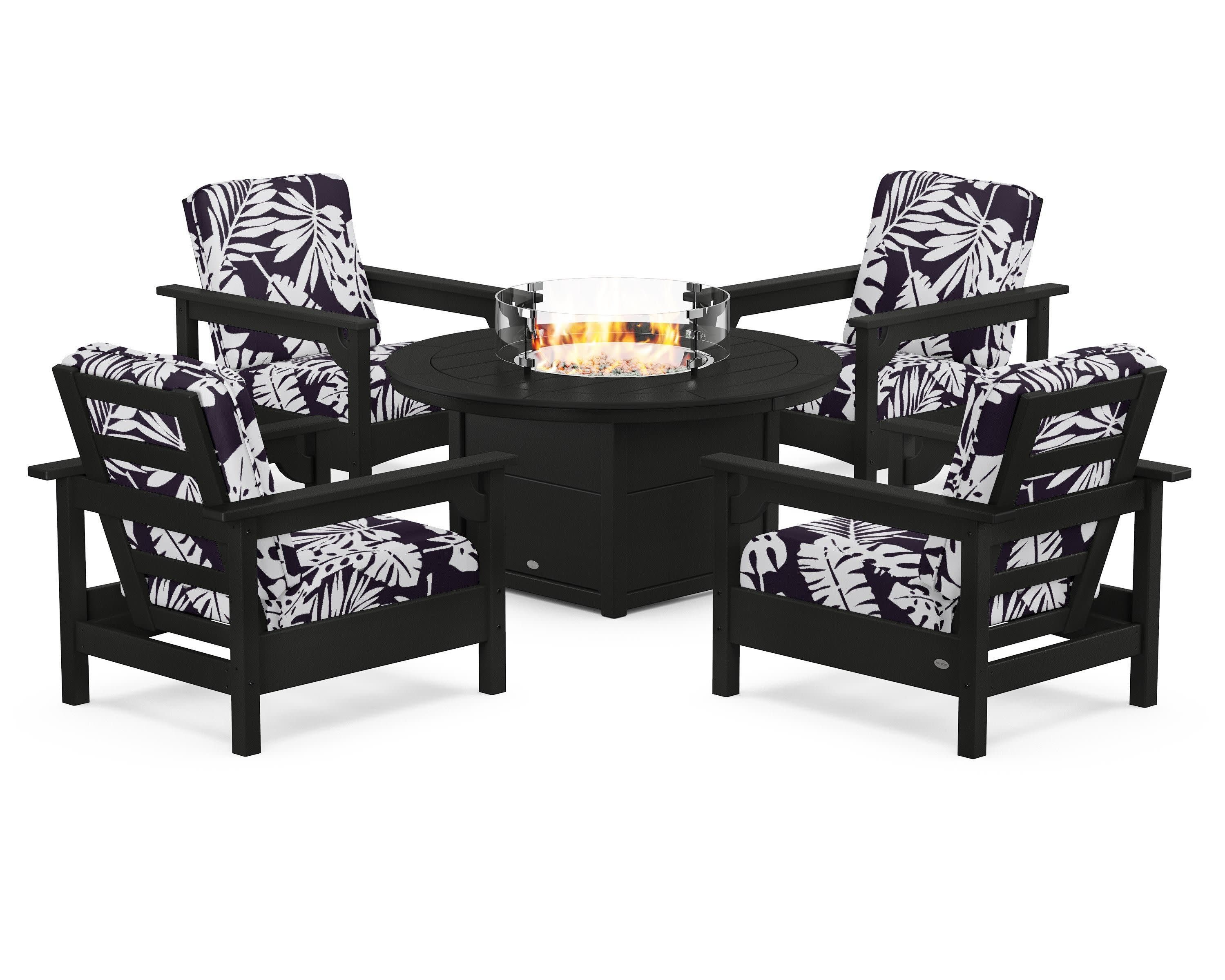 Club 5-Piece Conversation Set with Fire Pit Table in Black / Leaf Navy