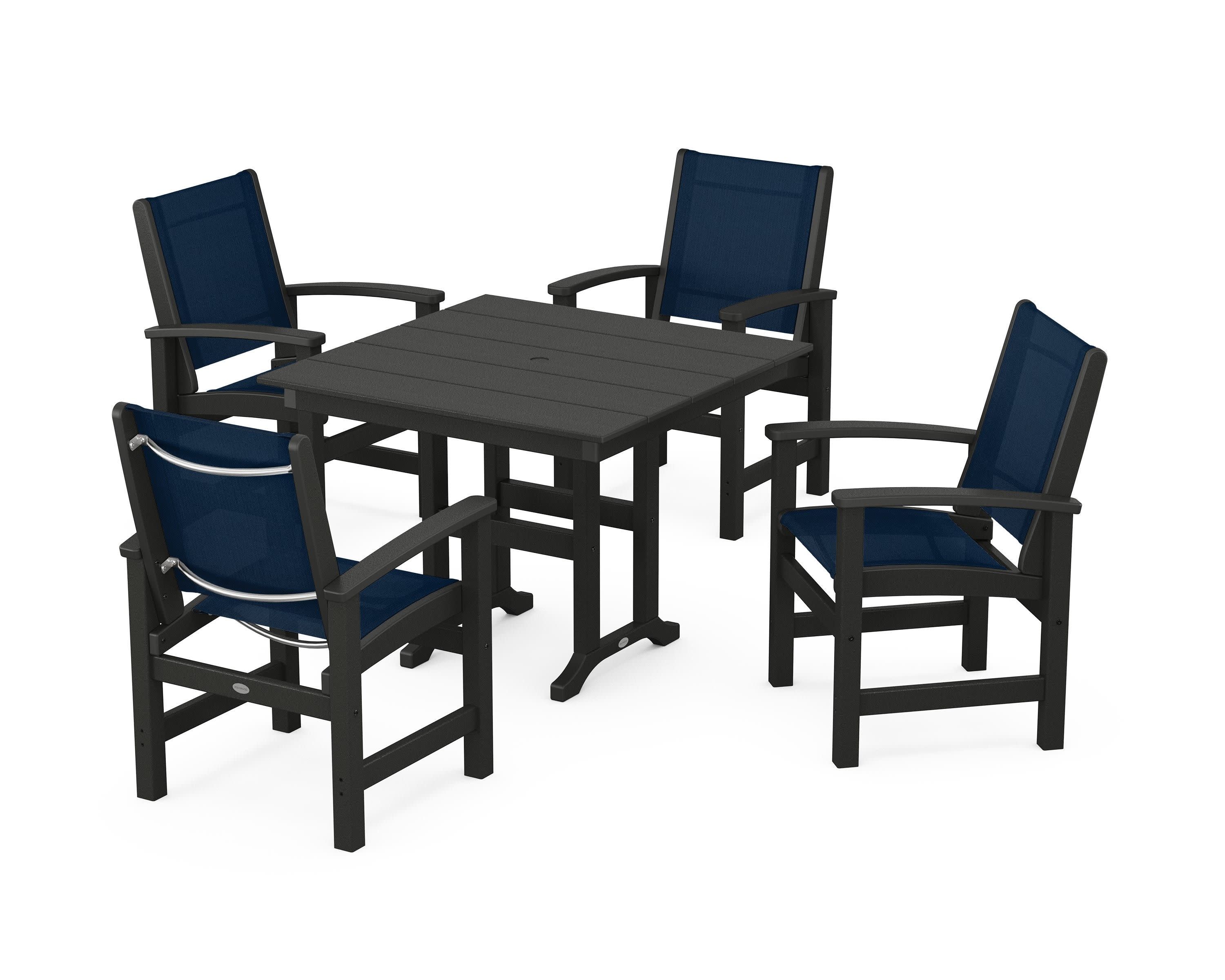 Coastal 5-Piece Farmhouse Dining Set in Black / Navy Blue Sling