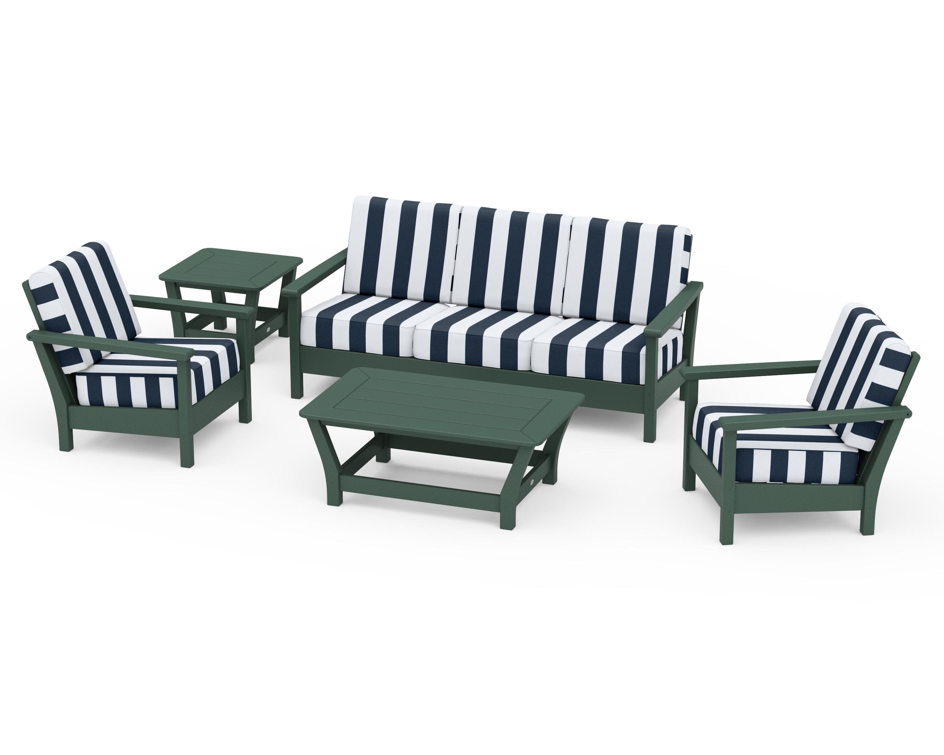Harbour 5-Piece Deep Seating Set in Green / Cabana Stripe Marine Indigo