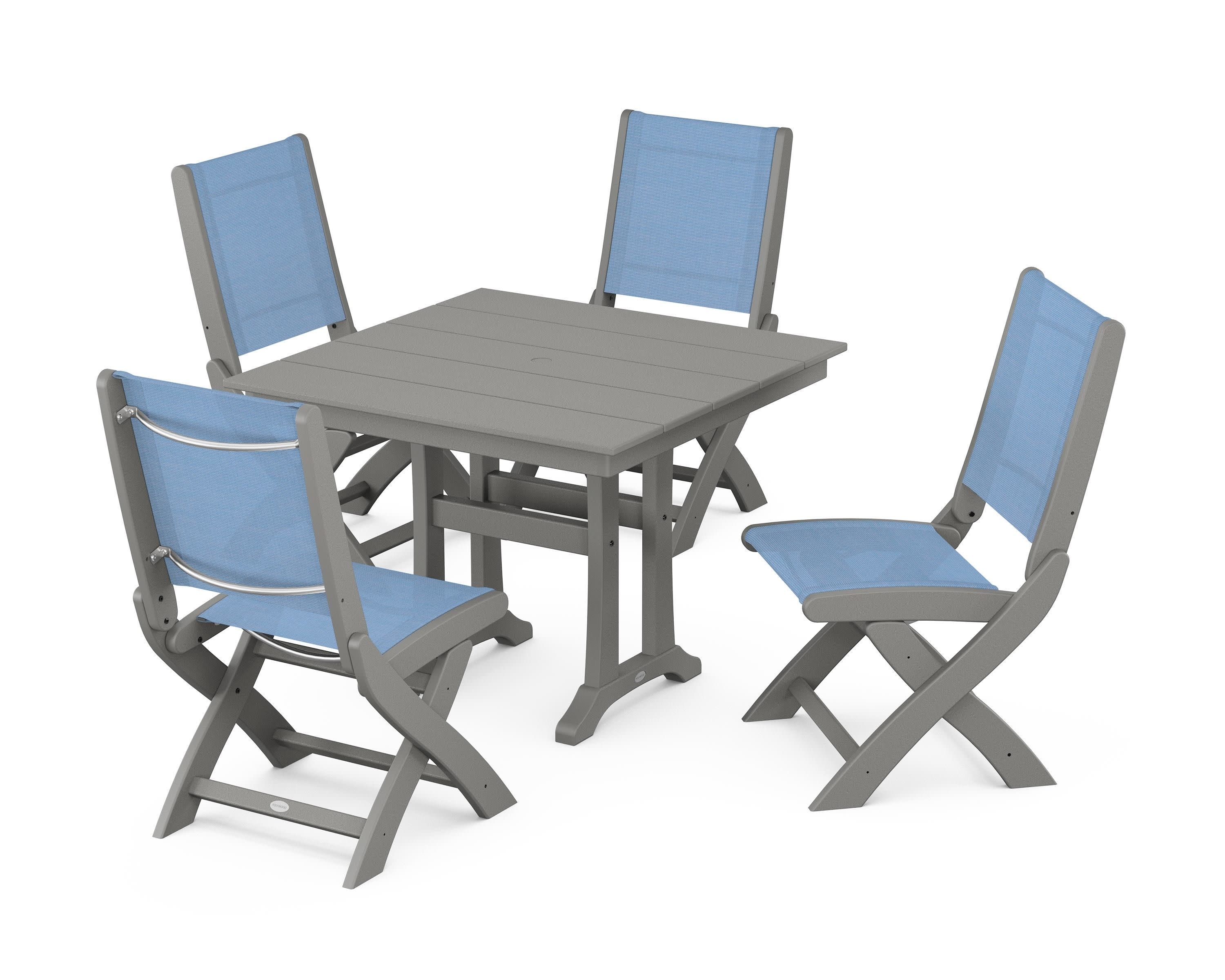 Coastal Folding Side Chair 5-Piece Farmhouse Dining Set With Trestle Legs in Slate Grey / Poolside Sling