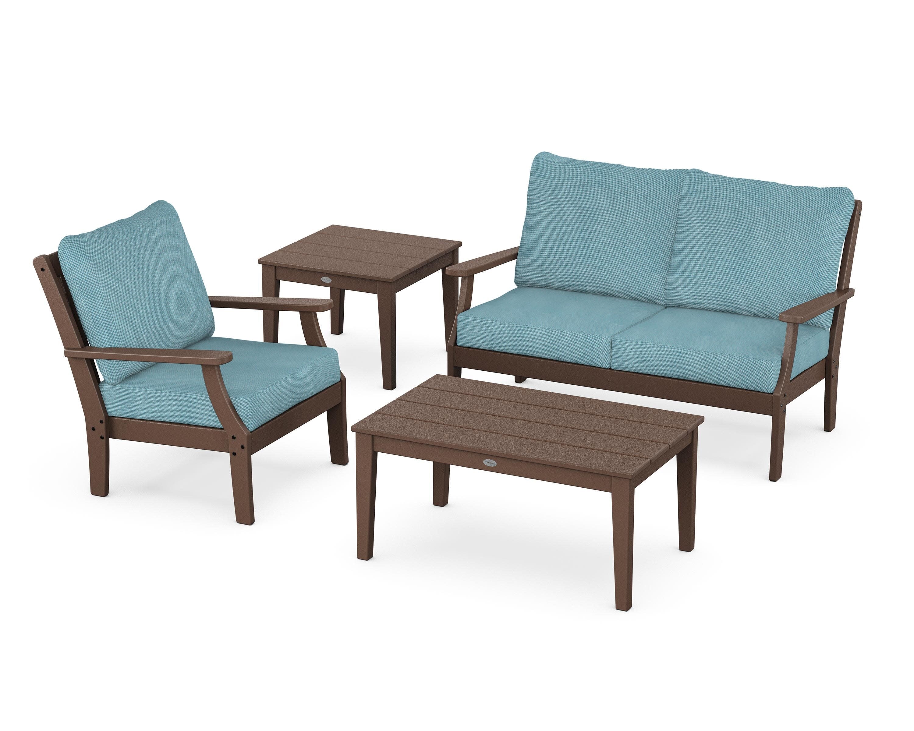 Braxton 4-Piece Deep Seating Set in Mahogany / Lattice Sky Blue