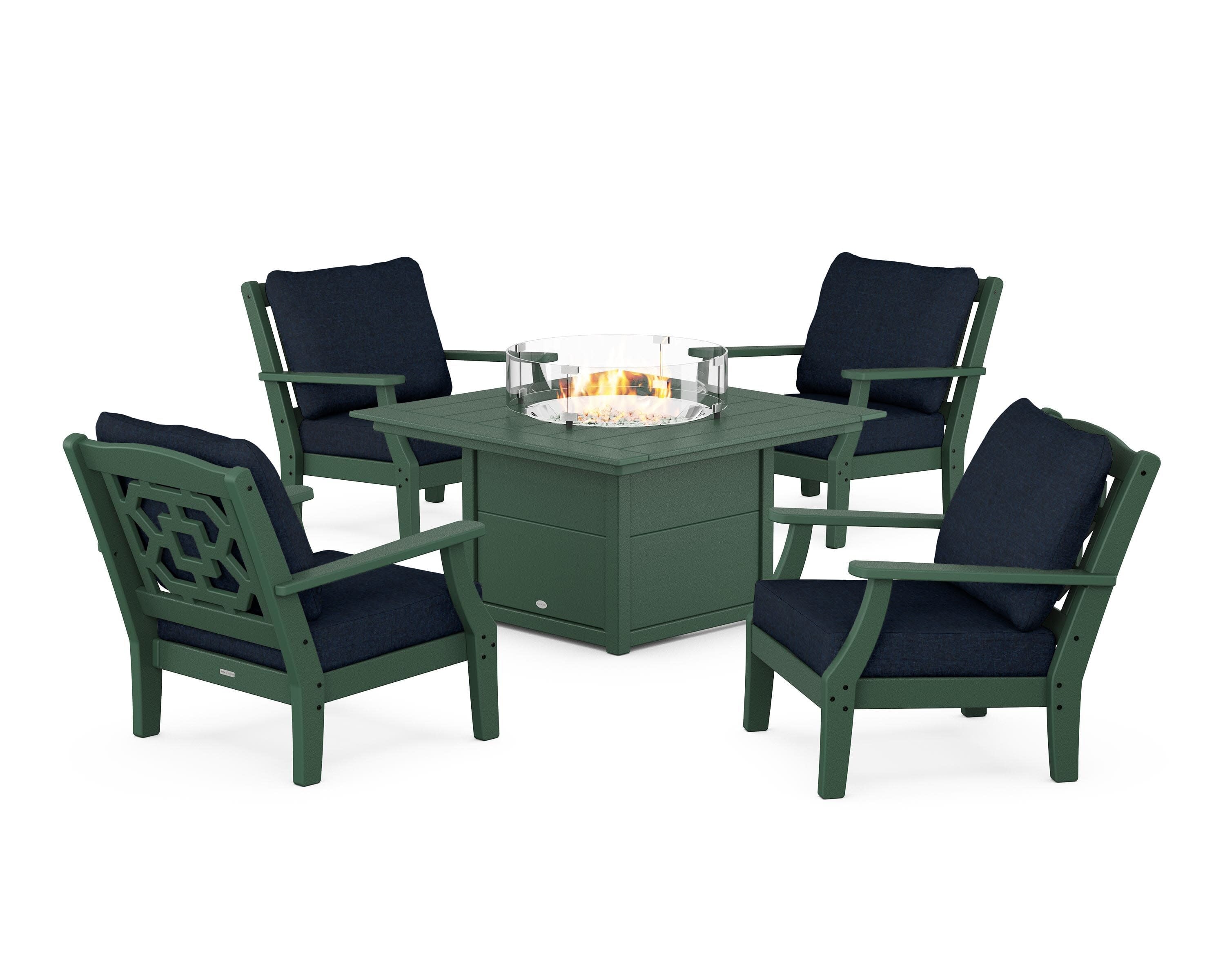 Chinoiserie 5-Piece Deep Seating Set with Fire Pit Table in Green / Marine Indigo
