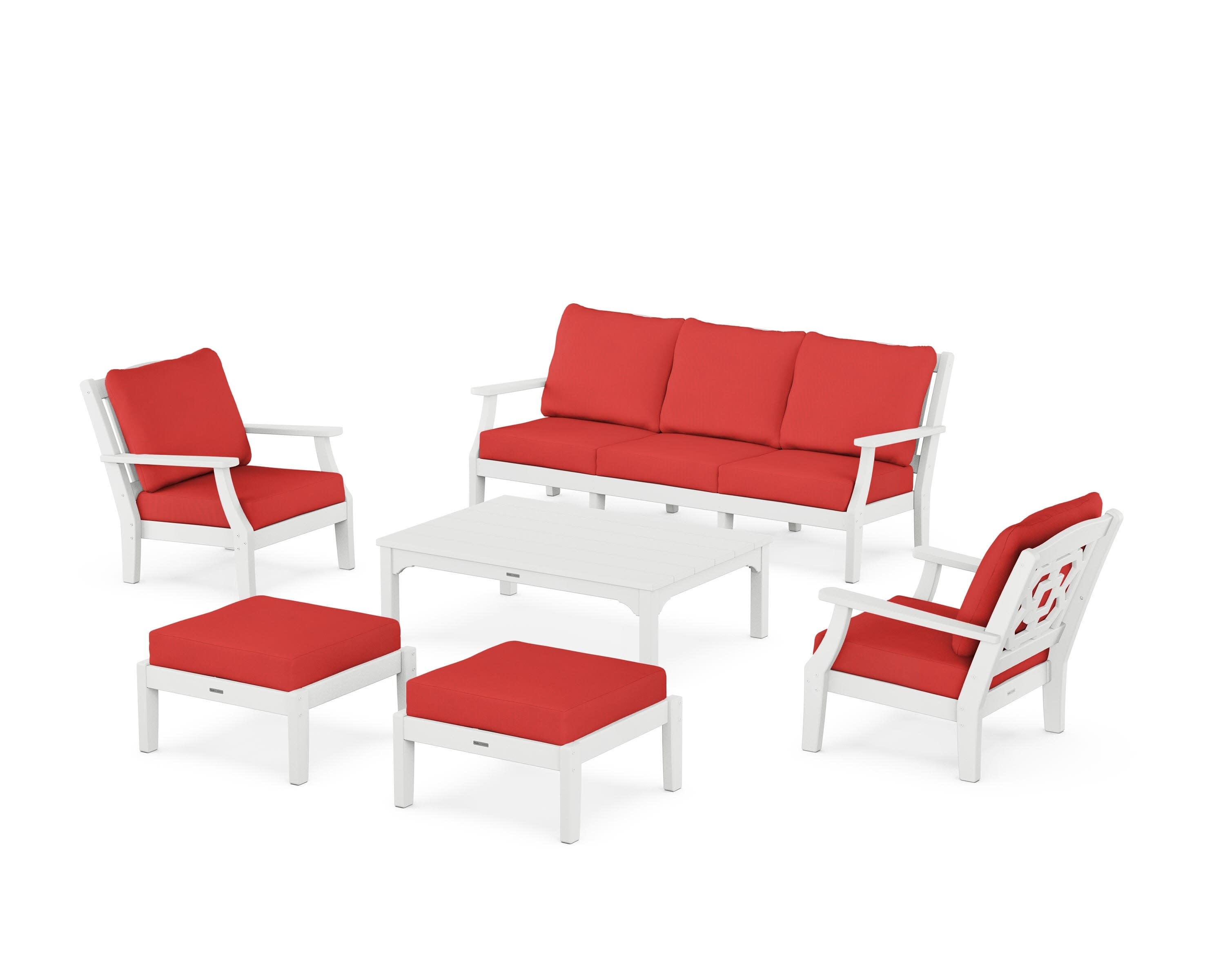 Chinoiserie 6-Piece Lounge Sofa Set in White / Crimson Linen