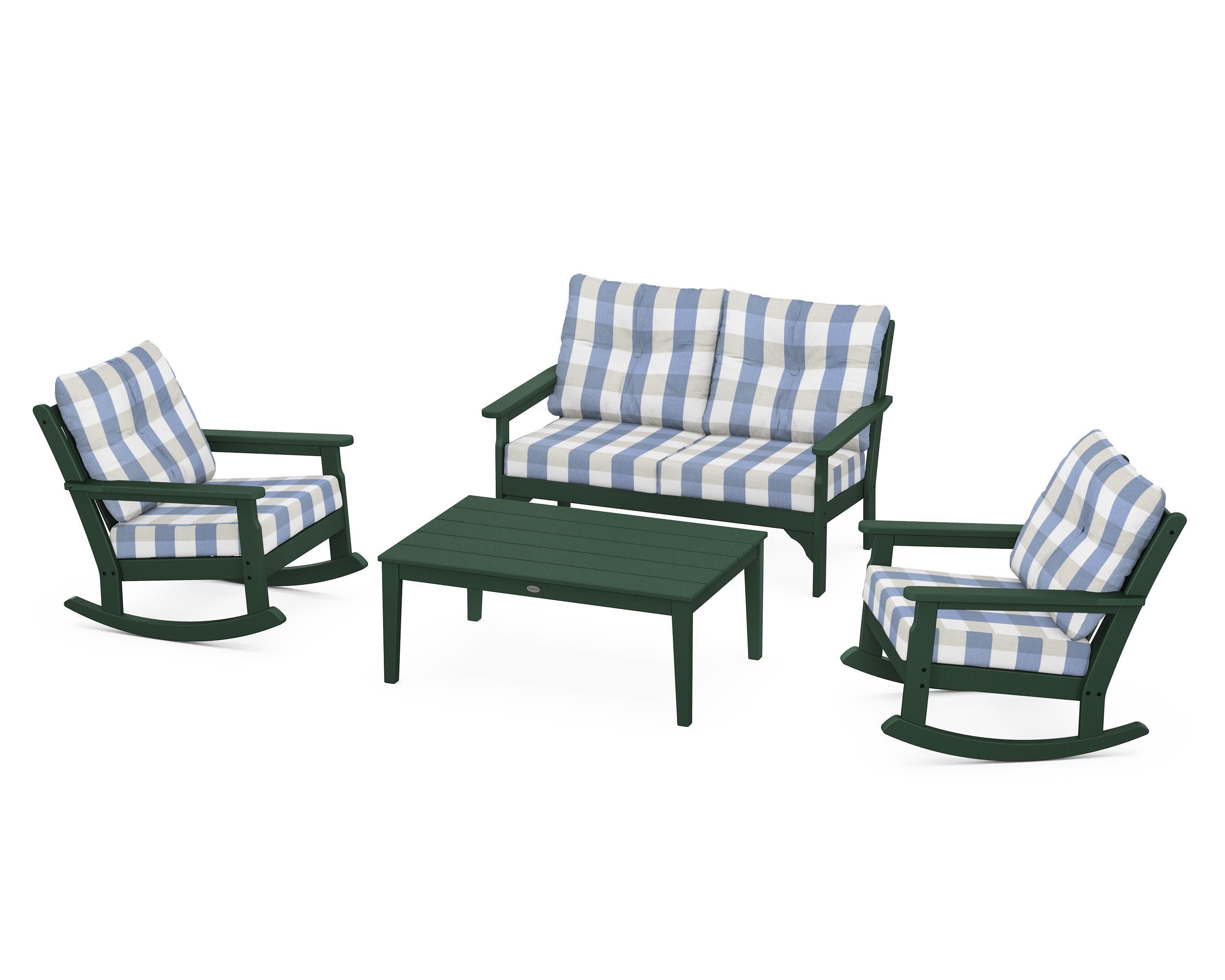 Vineyard 4-Piece Deep Seating Rocking Chair Set in Green / Buffalo Plaid Sky Blue