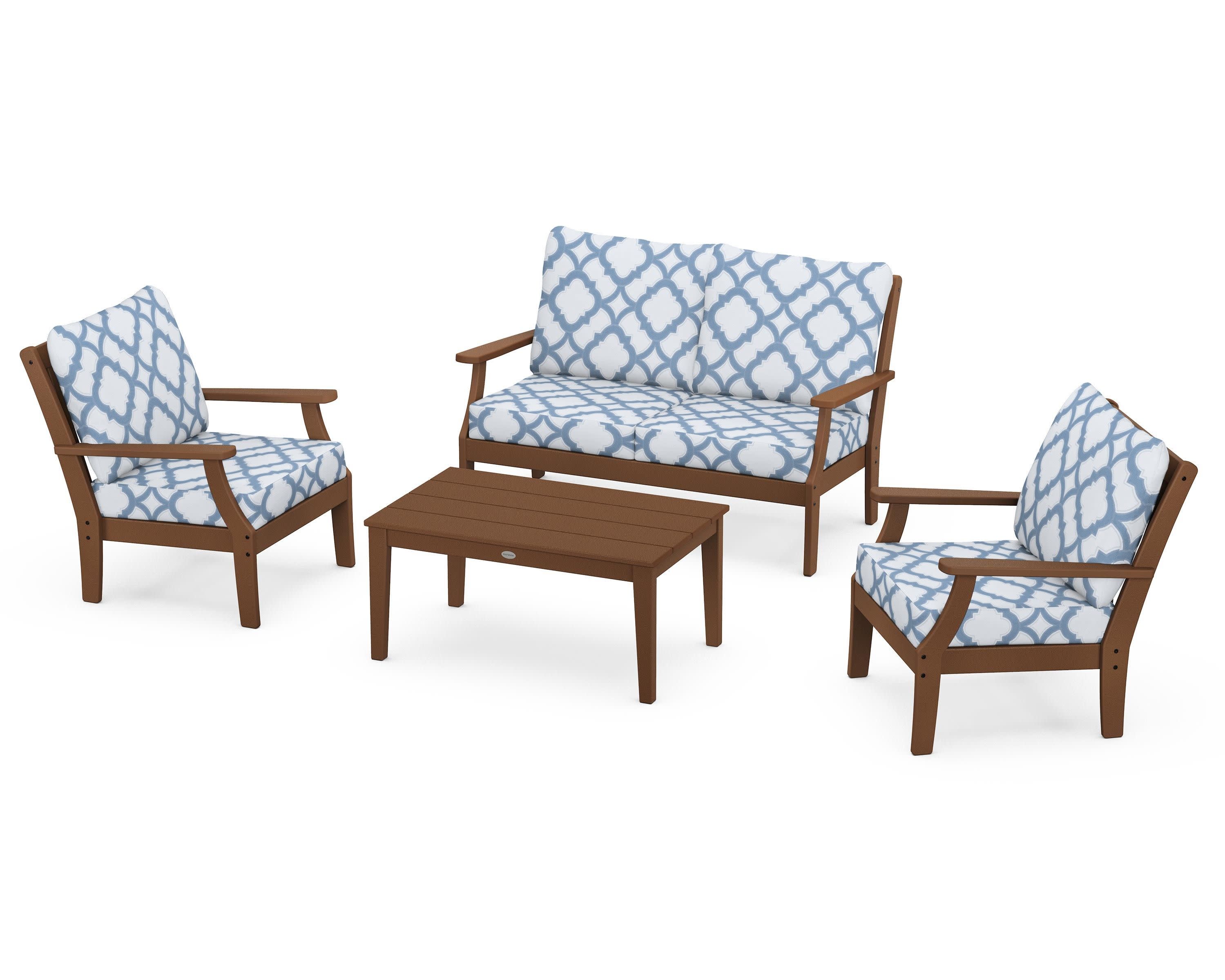 Braxton 4-Piece Deep Seating Chair Set in Teak / Trellis Sky Blue