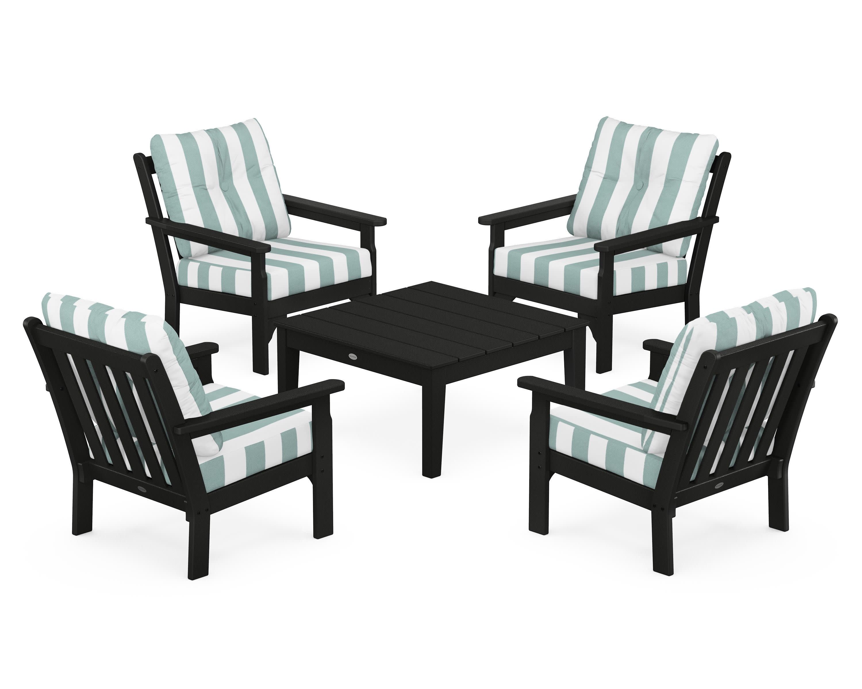 Vineyard 5-Piece Deep Seating Conversation Set in Black / Cabana Stripe Glacier Spa