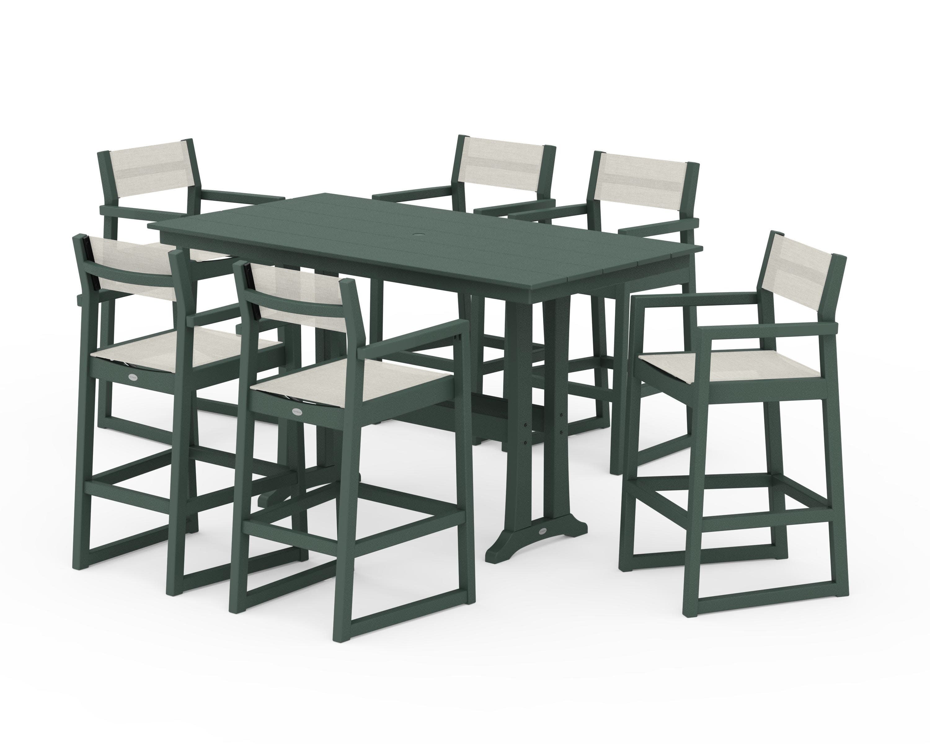 EDGE Sling Arm Chair 7-Piece Farmhouse Bar Set with Trestle Legs in Green / Parchment Sling