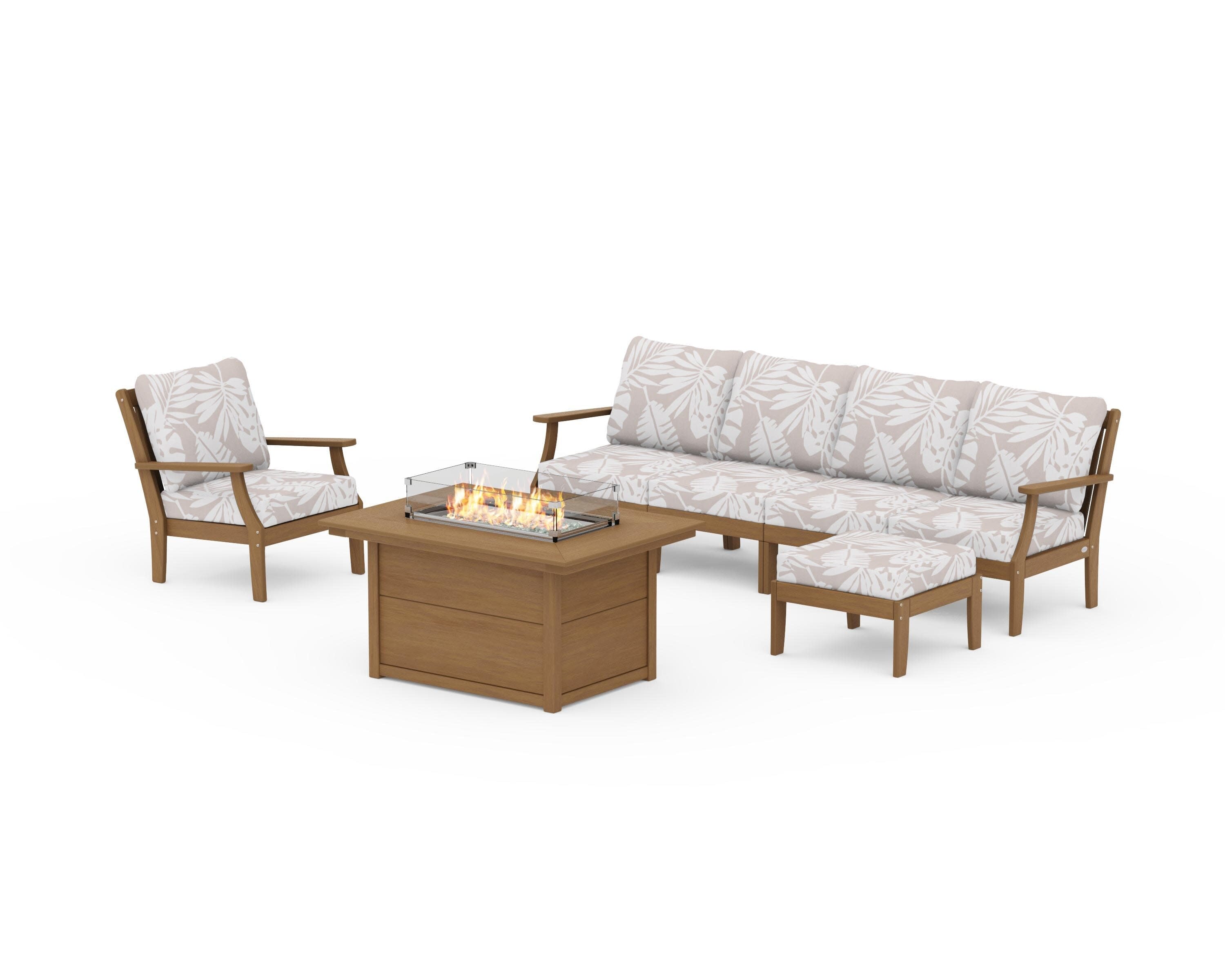 Braxton Sectional Lounge and Fire Pit Set in Natural / Leaf Dune Burlap