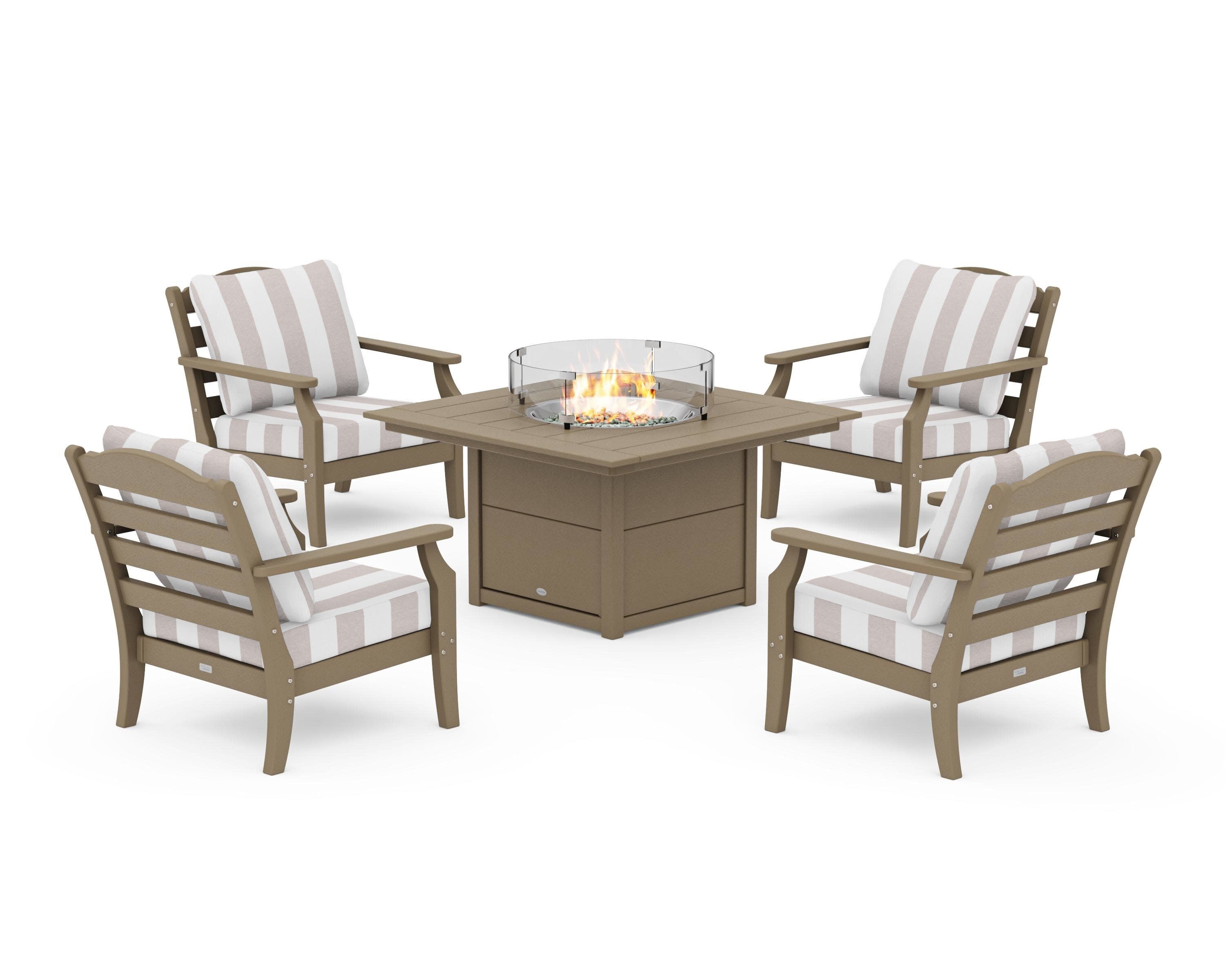 Savannah 5-Piece Deep Seating Set with Fire Pit Table in Vintage Sahara / Cabana Stripe Dune Burlap