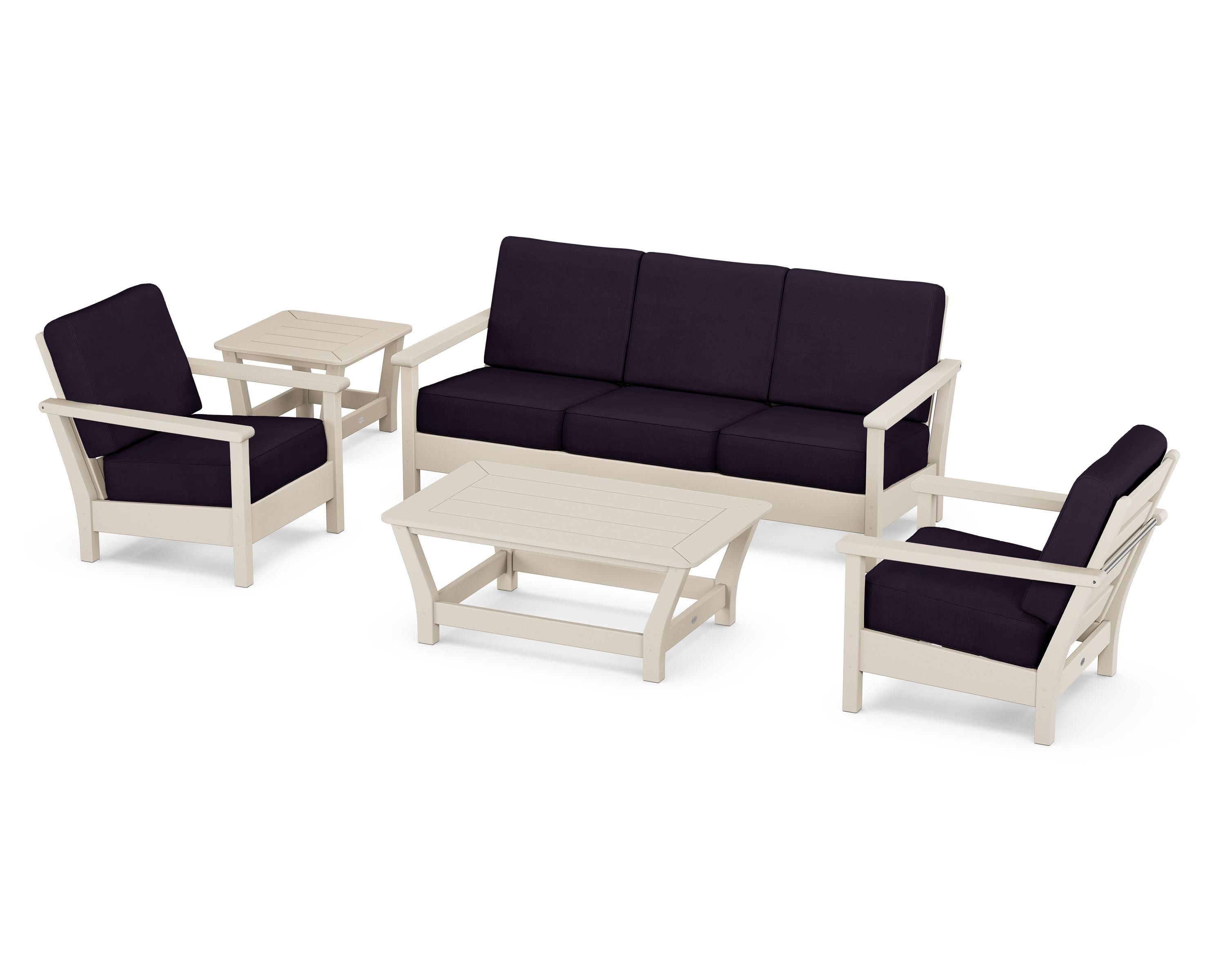 Harbour 5-Piece Deep Seating Set in Sand / Navy Linen
