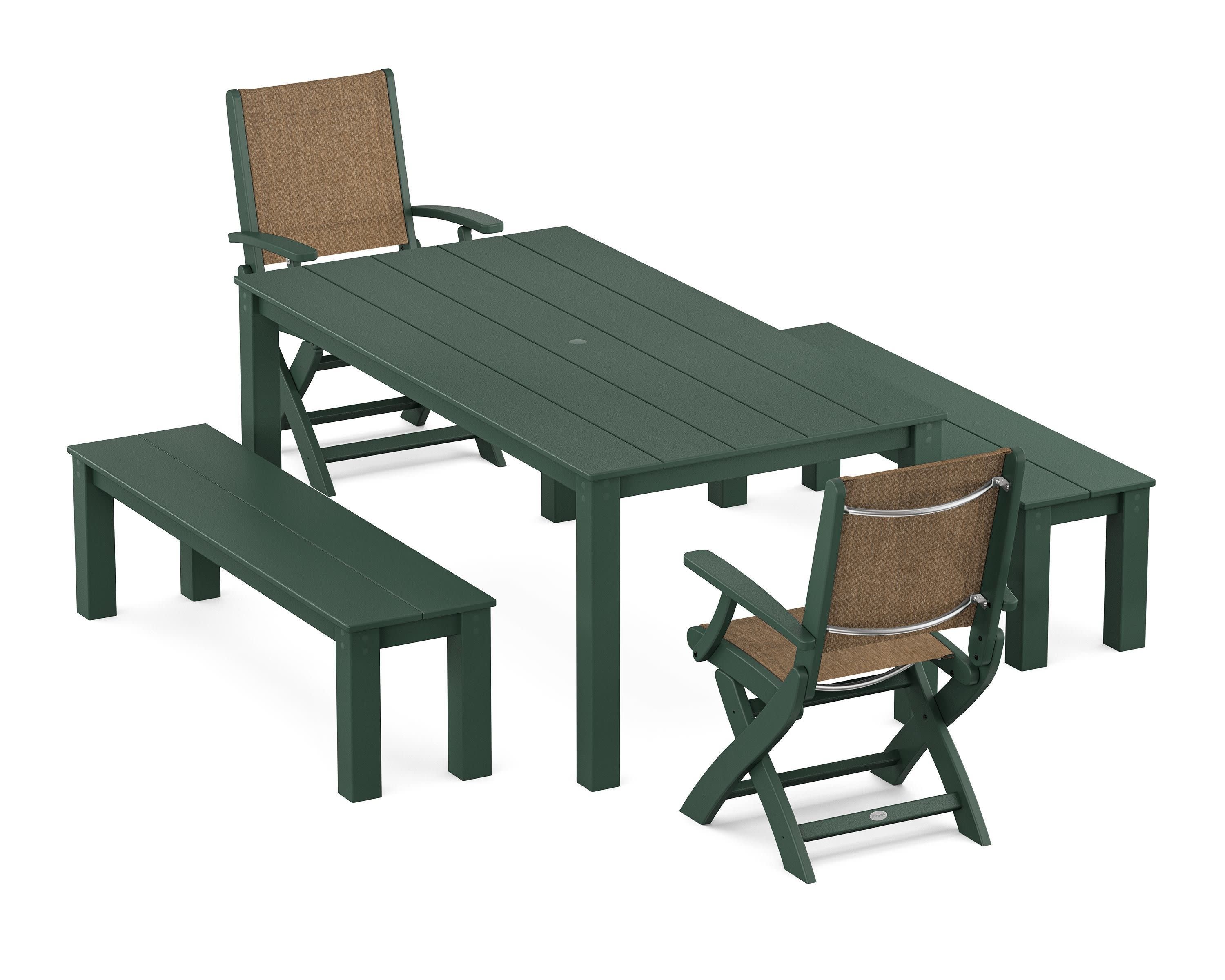 Coastal Folding Chair 5-Piece Parsons Dining Set with Benches in Green / Burlap Sling