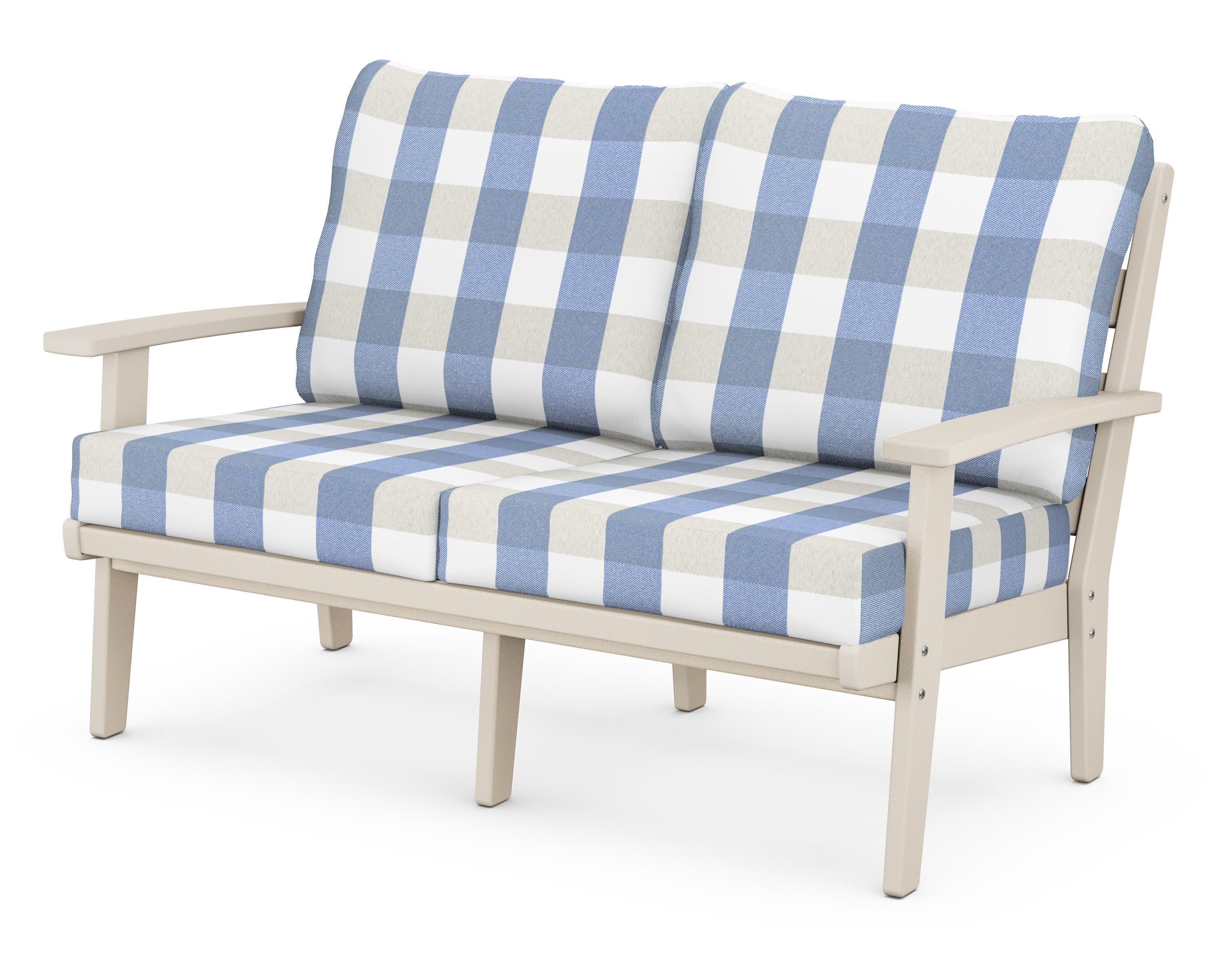 Grant Park Deep Seating Loveseat in Sand / Buffalo Plaid Sky Blue