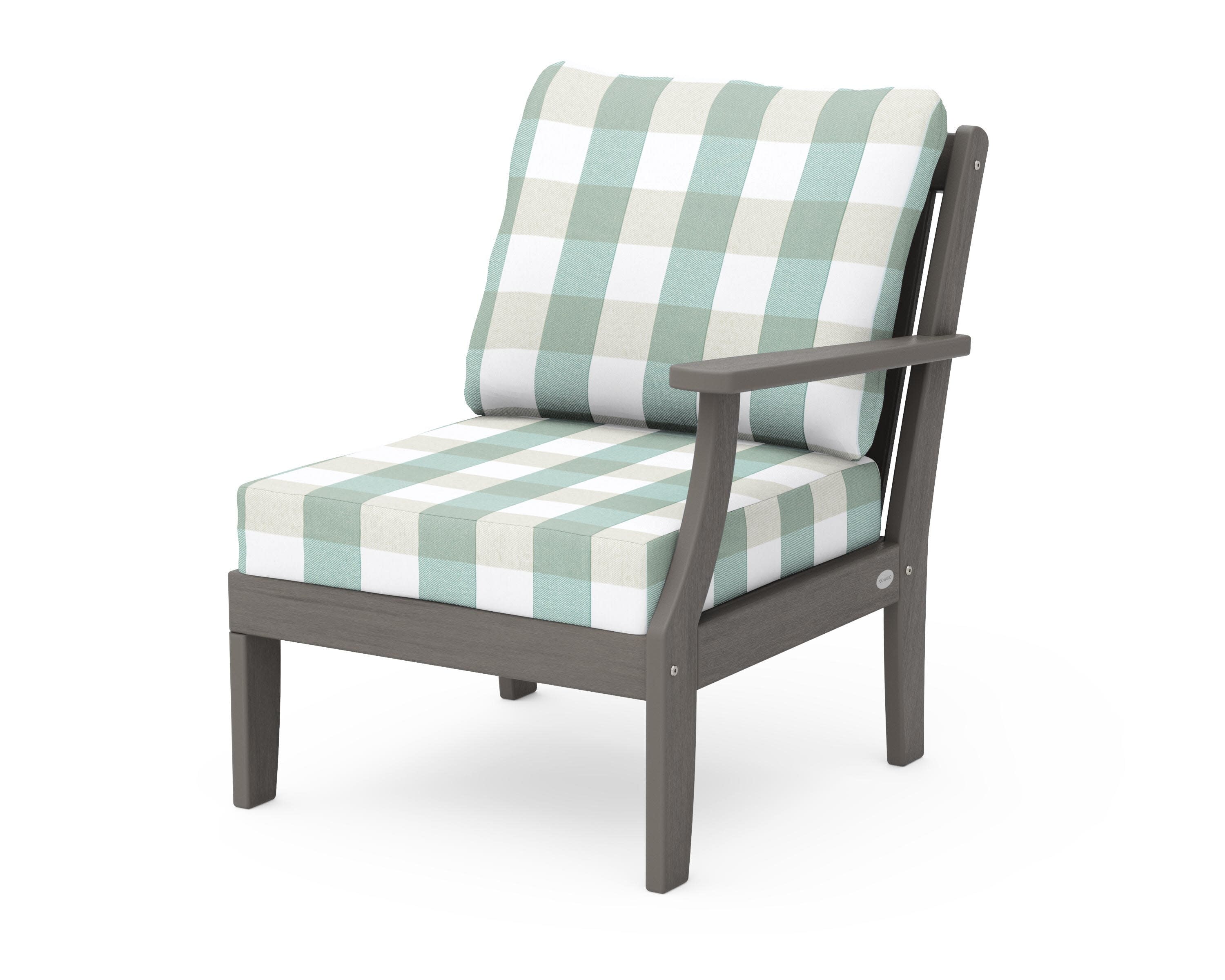 Braxton Modular Right Arm Chair in Driftwood / Buffalo Plaid Glacier Spa