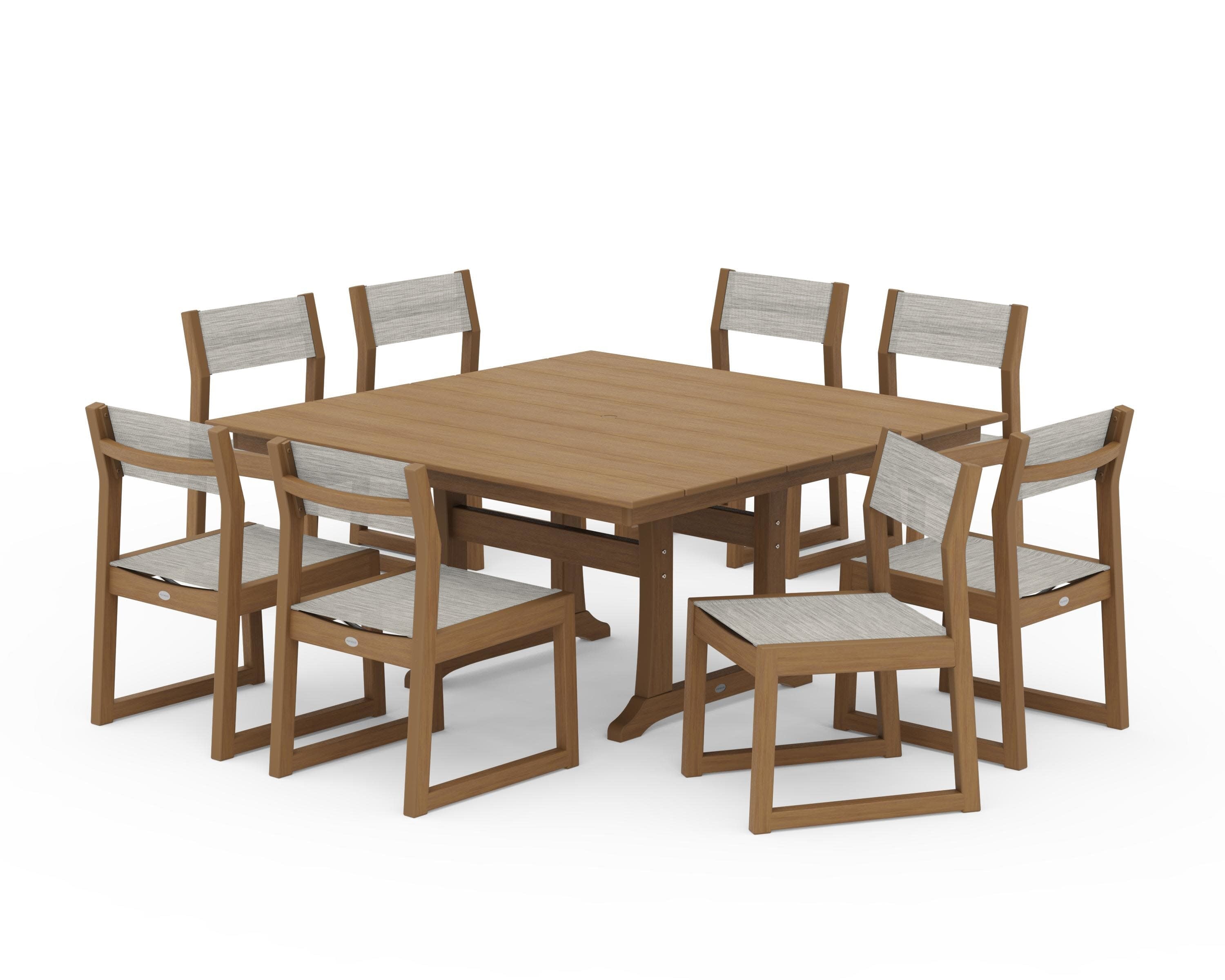 EDGE Sling Side Chair 9-Piece Farmhouse Trestle Dining Set in Natural / Birch Sling