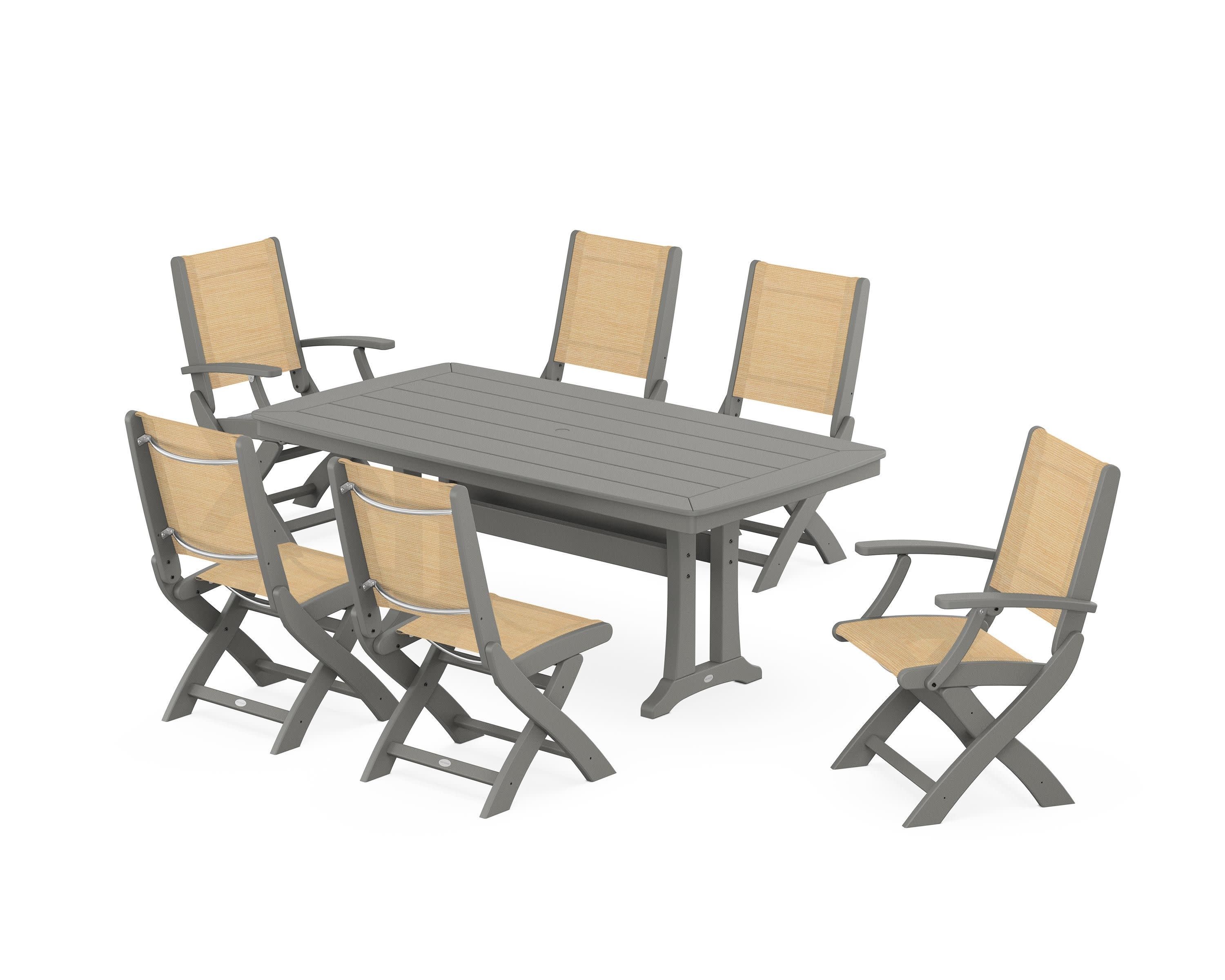 Coastal Folding Chair 7-Piece Dining Set with Trestle Legs in Slate Grey / Dupioni Apricot Sling