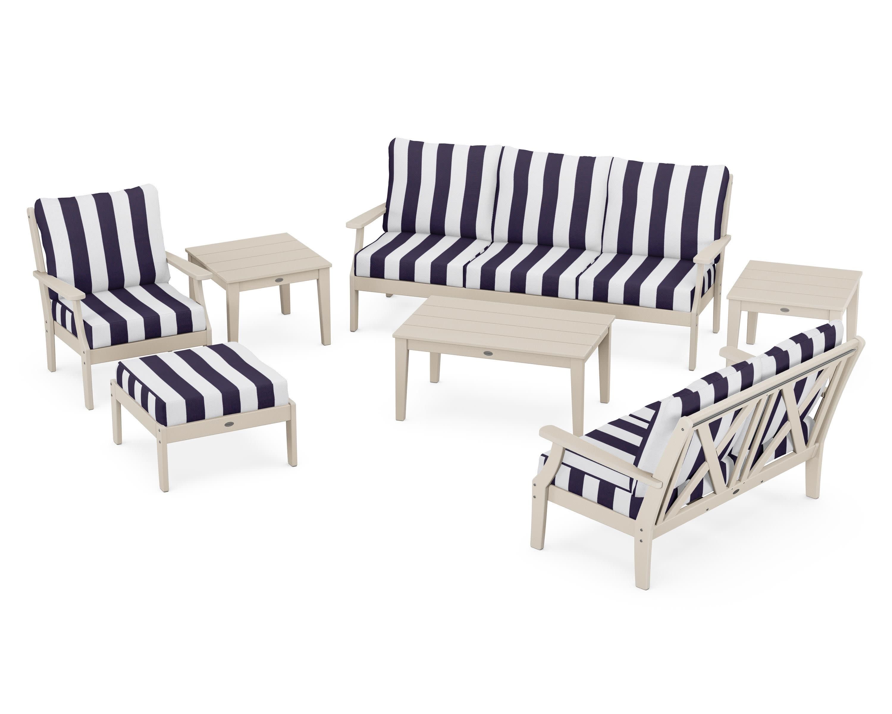 Braxton 7-Piece Deep Seating Set in Sand / Cabana Stripe Navy